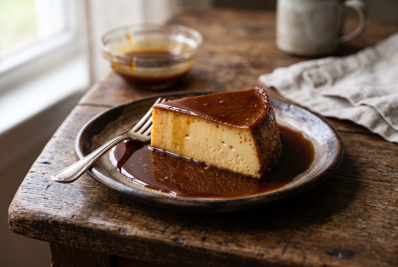 Unmoulded Mexican flan napolitano on a rimmed plate with dark caramel sauce running down its smooth sides
