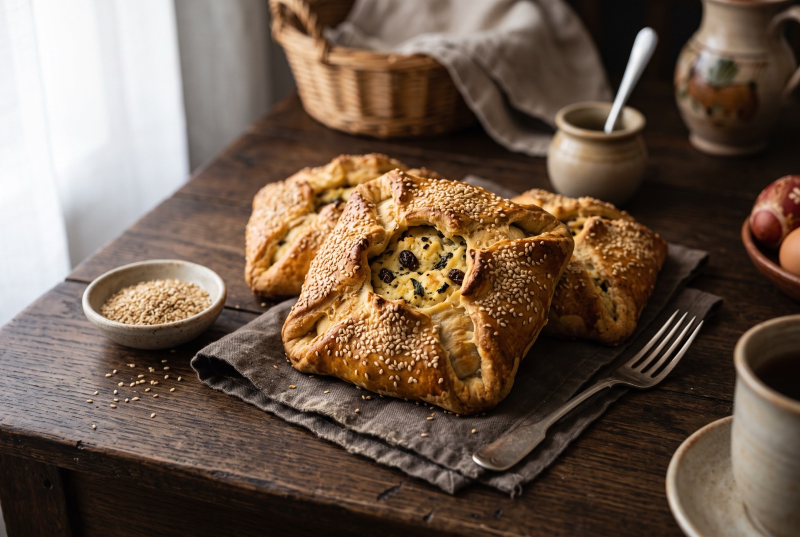 Golden Cypriot flaounes with sesame-crusted folded dough and puffed cheese and raisin filling on a rack