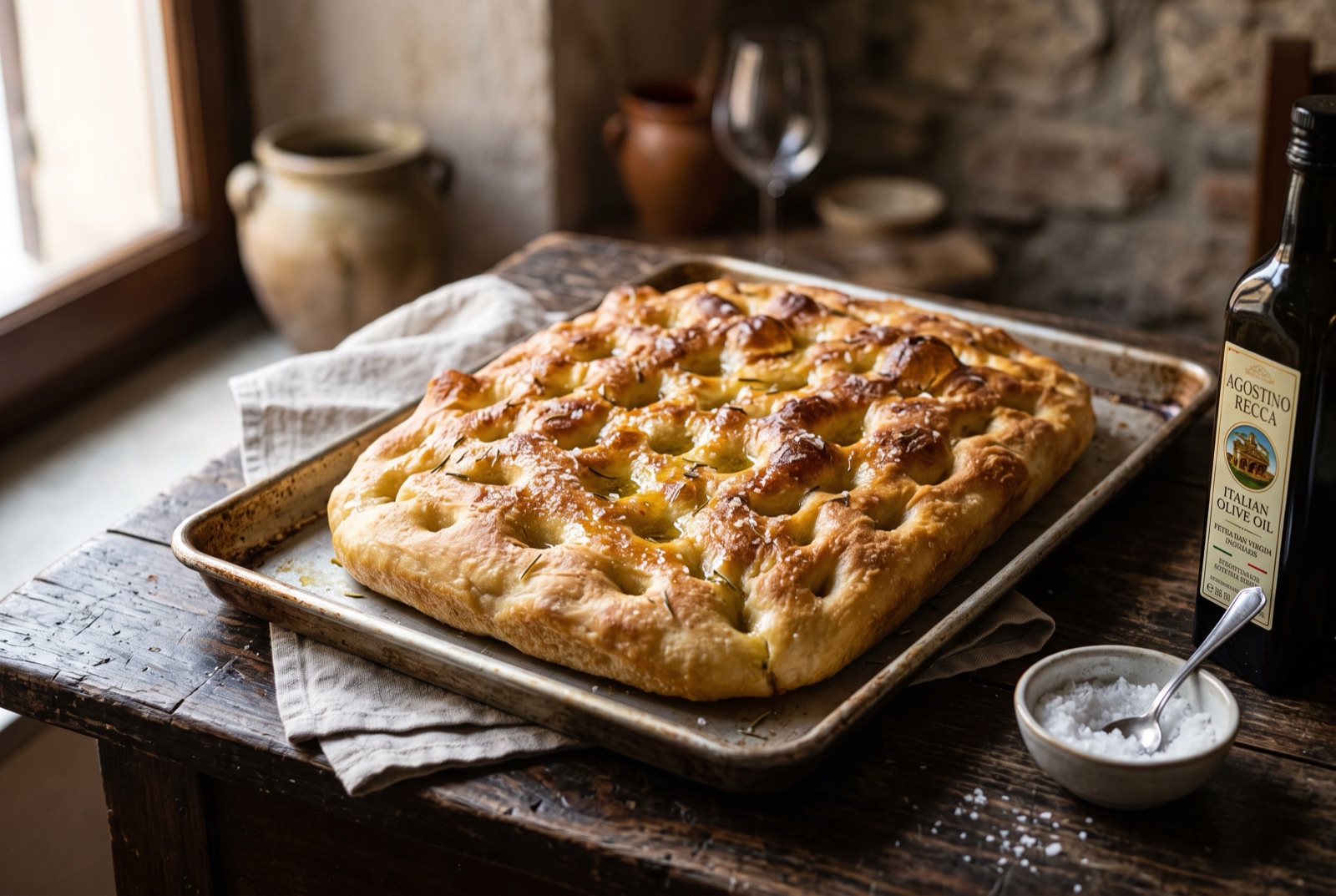 Golden Genoese focaccia in a tray, its deep fingertip dimples glossy with olive oil and coarse salt