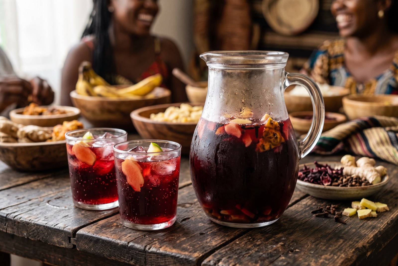 Tall glass of deep red Cameroonian folere over ice beside a jug and fresh ginger root