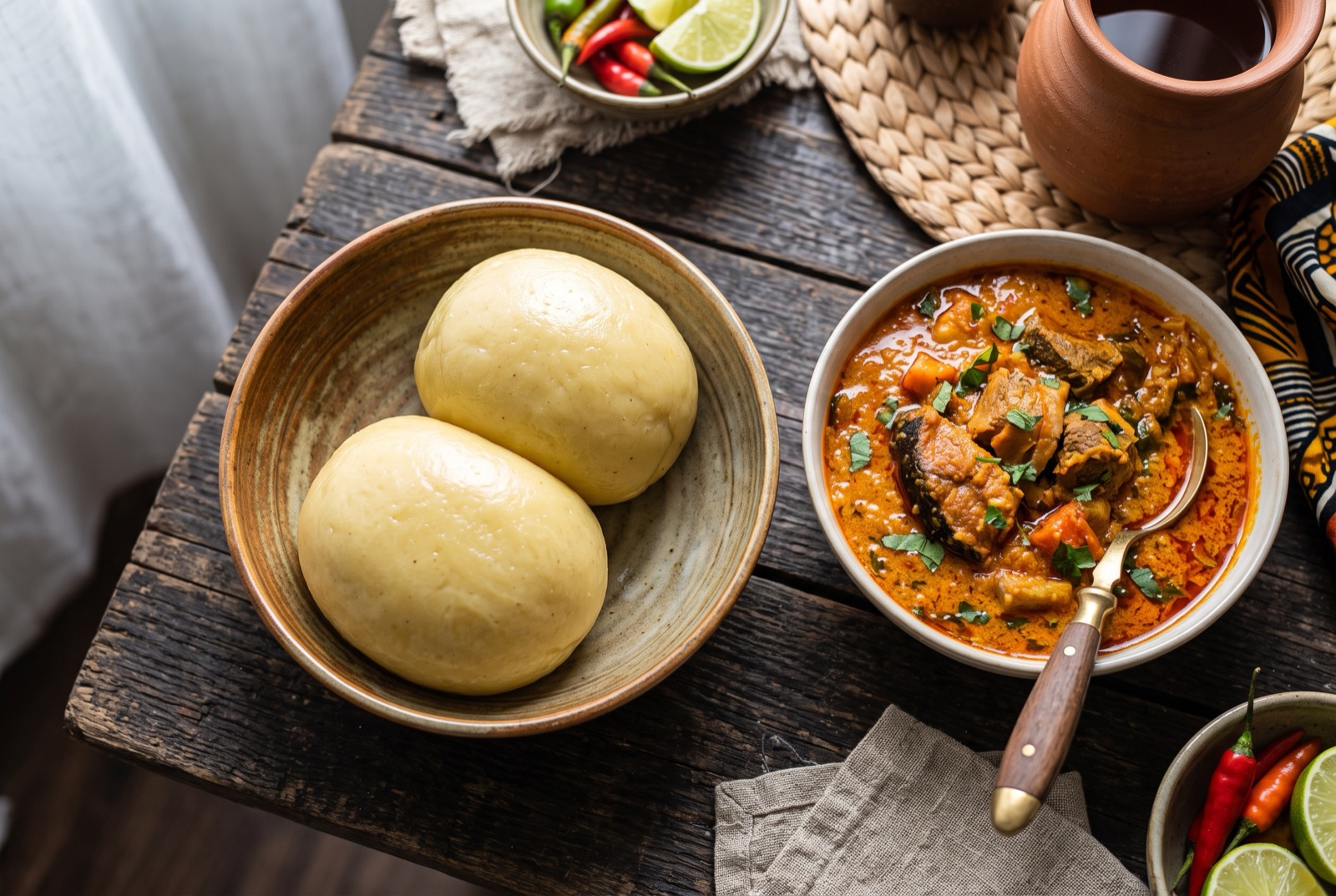 Two smooth pale balls of pounded plantain and cassava foutou in a bowl beside a dish of sauce