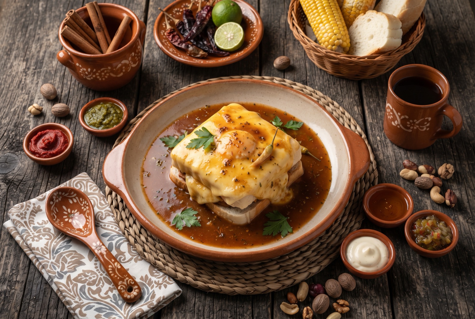 Francesinha sandwich under melted cheese, flooded with red beer sauce and ringed with fries