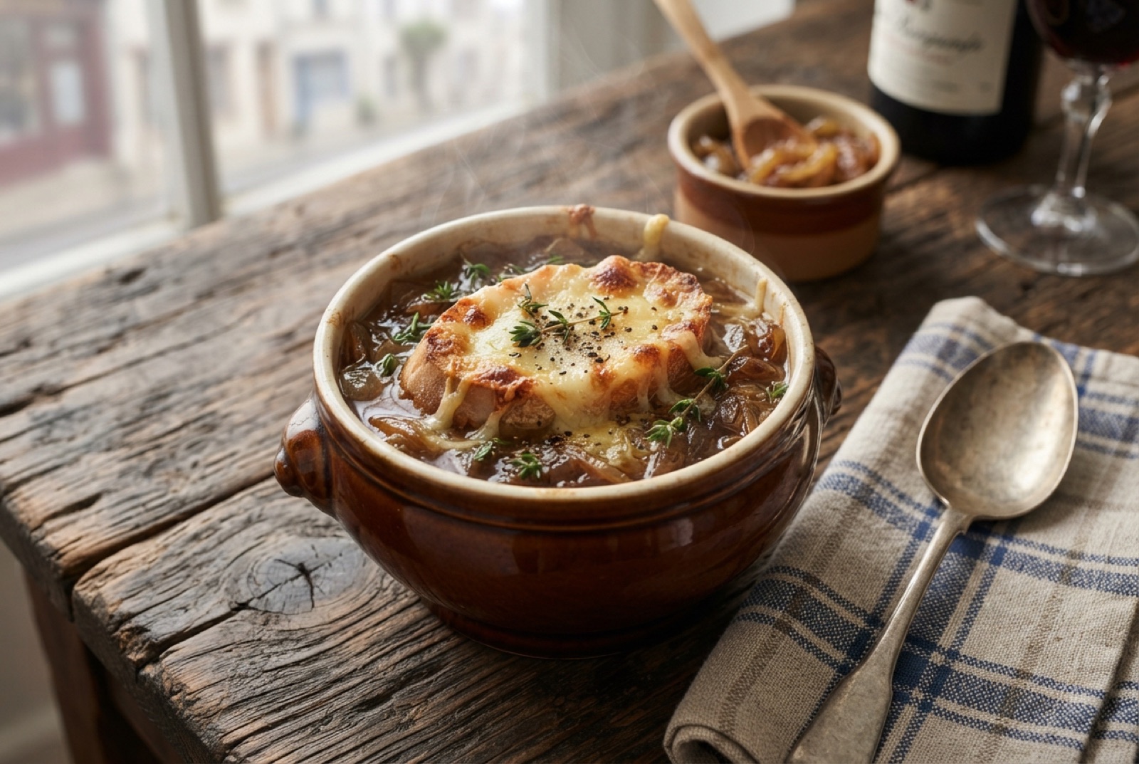 Bowl of French onion soup with a browned, bubbling gruyère crust over a baguette crouton
