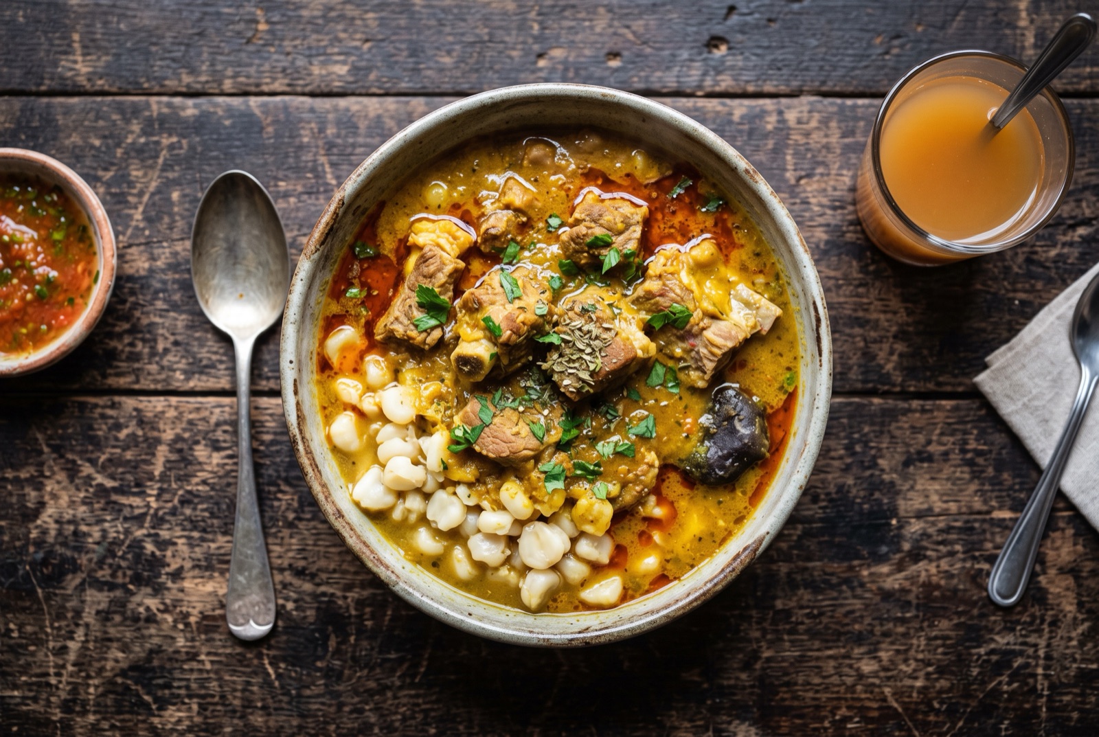 Deep bowl of Bolivian fricasé paceño with bone-in pork in orange chilli broth over hominy corn and freeze-dried potato