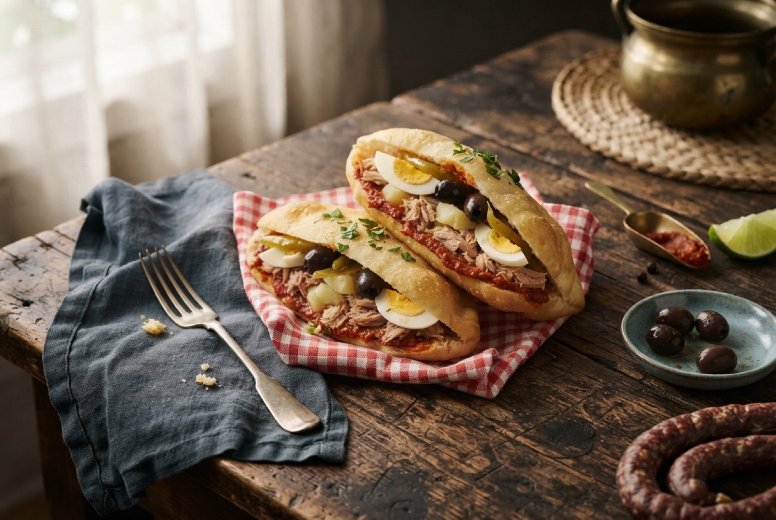 Split fried Tunisian fricassé roll packed with tuna, crushed potato, egg slices, black olives and red harissa