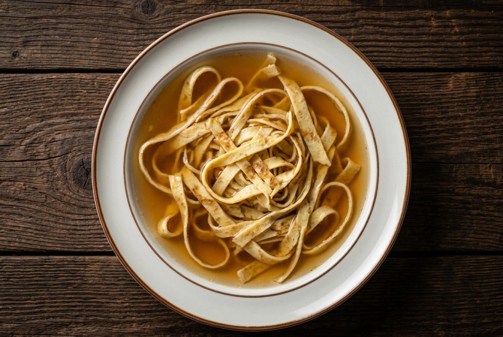 Bowl of clear Austrian beef broth with ribbons of sliced pancake and snipped chives on top