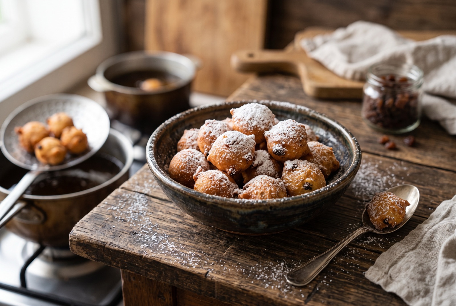 Bowl of golden craggy fritule fritters heaped under a thick dusting of icing sugar
