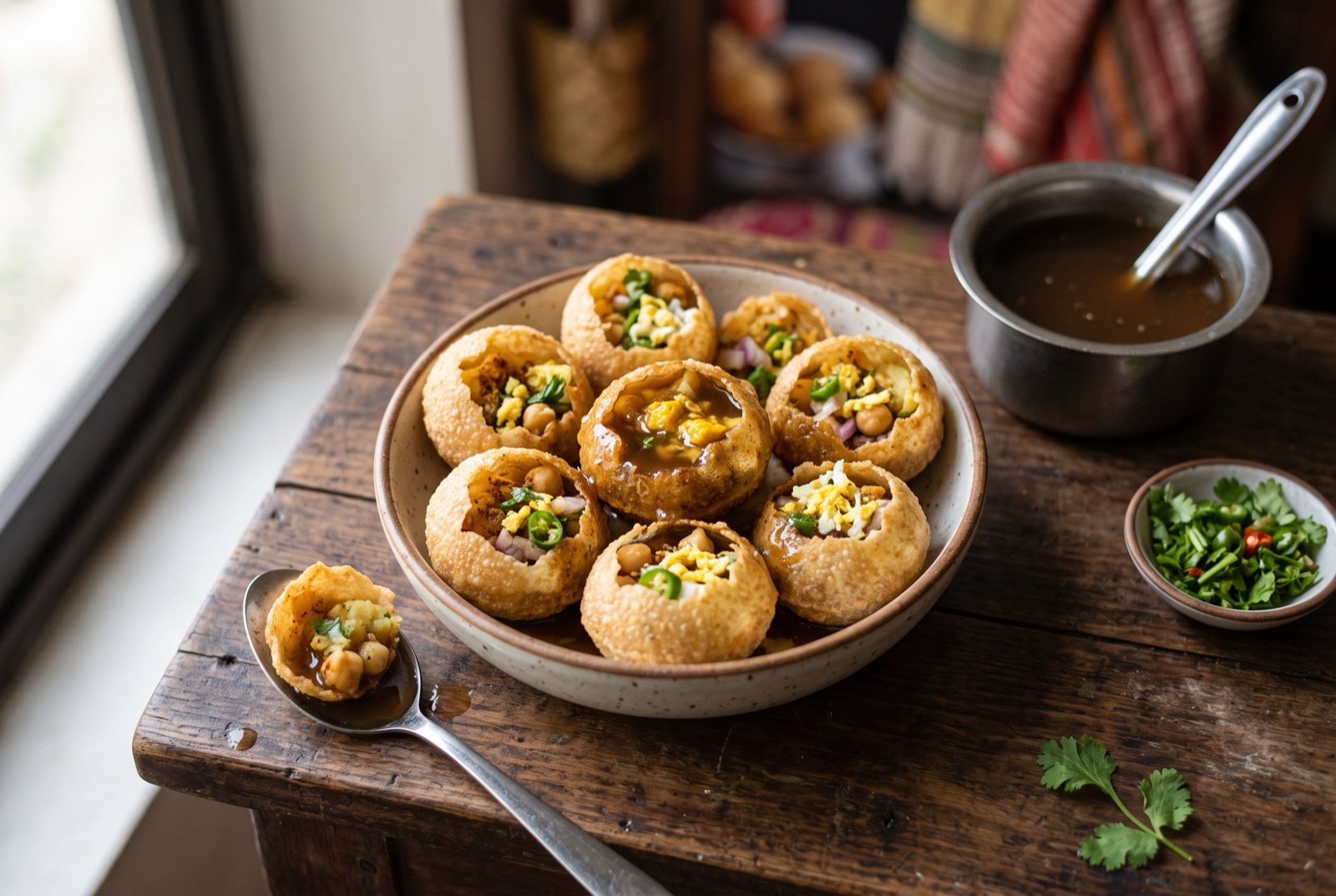 Crisp hollow fuchka shells stuffed with spiced potato, chickpeas and egg beside a bowl of tamarind water