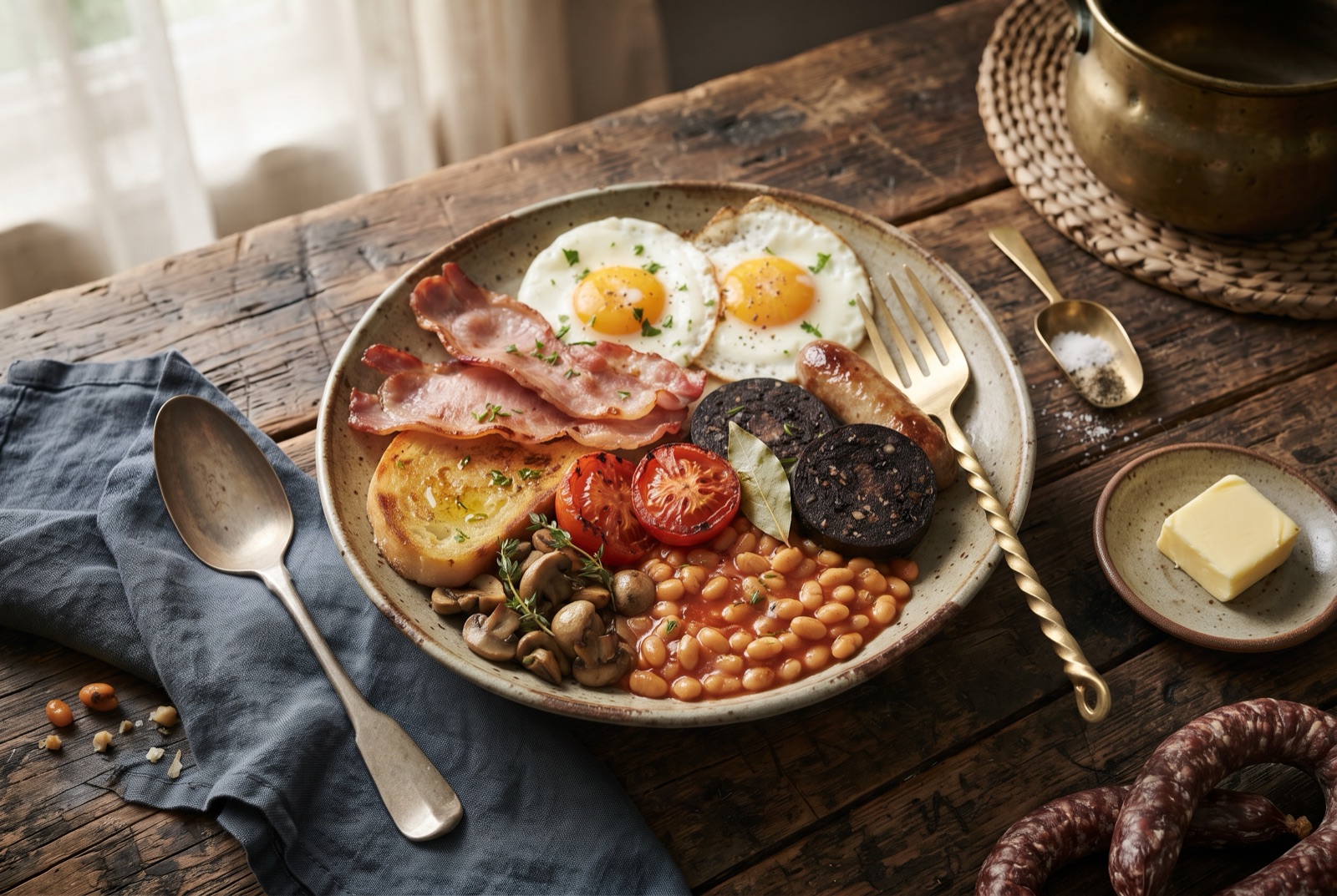 Full English breakfast plate with bacon, sausage, fried egg, black pudding, beans and grilled tomato