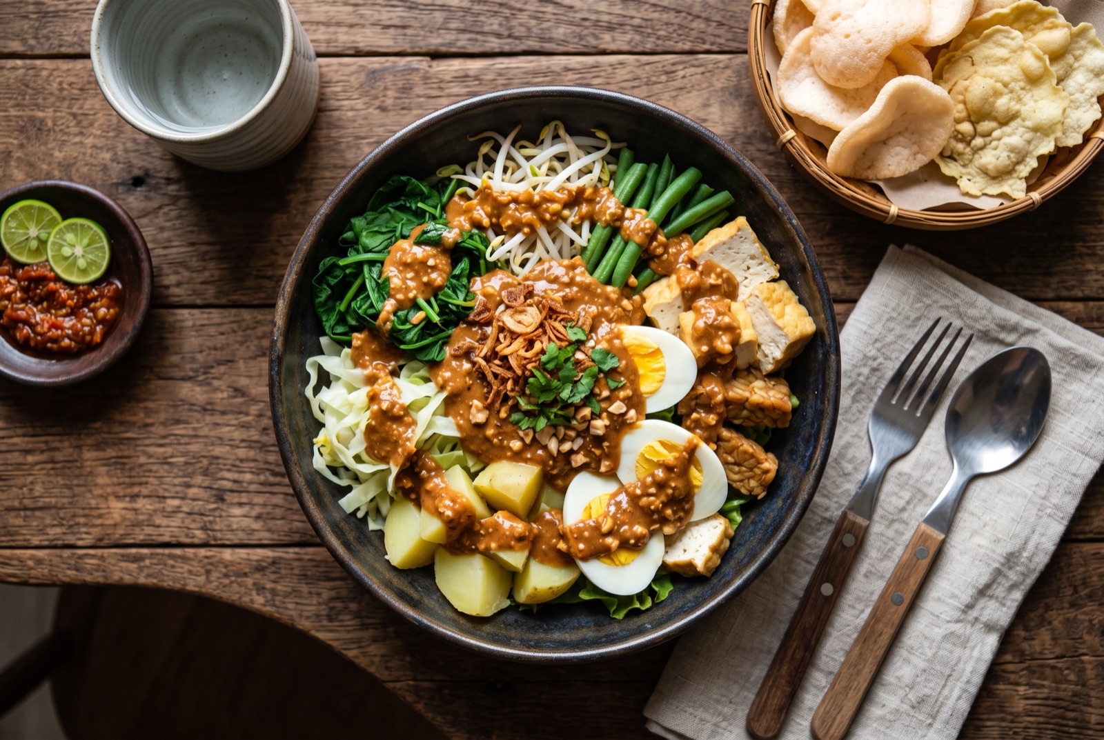 Gado-gado platter of blanched vegetables, boiled eggs and fried tofu coated in warm peanut dressing