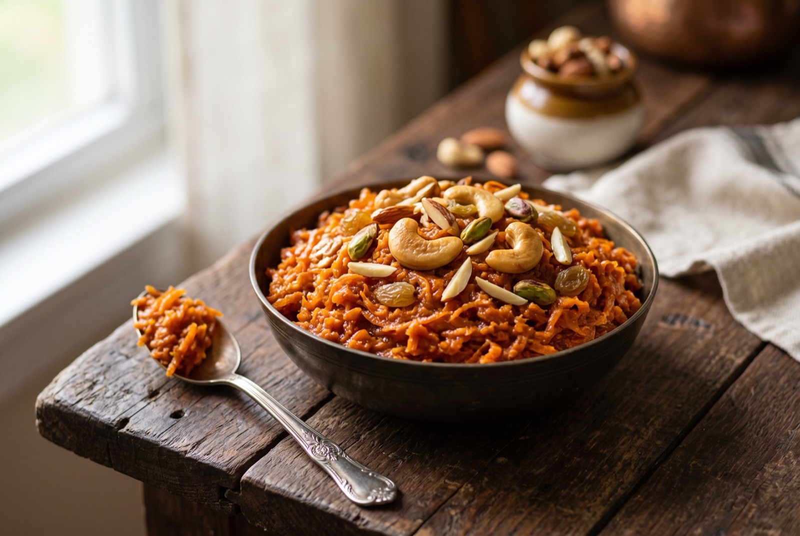 Bowl of deep orange carrot halwa topped with fried cashews, pistachios and raisins, glossy with ghee