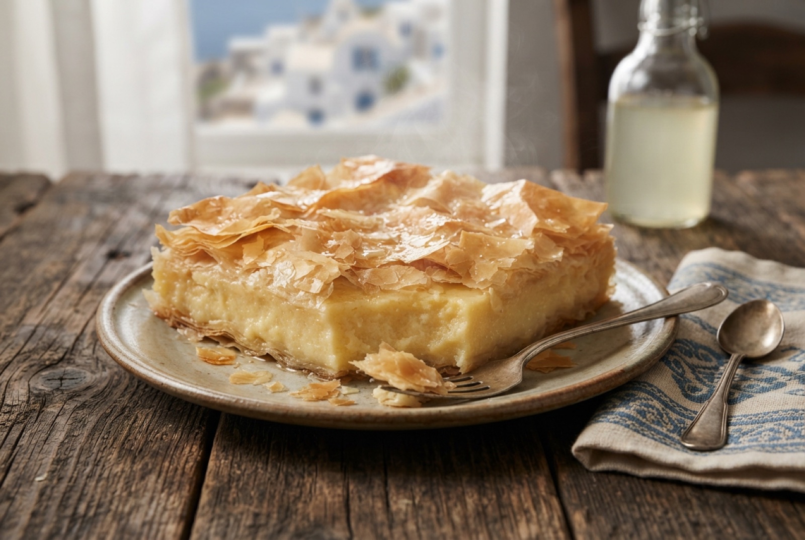 Squares of golden filo pie filled with pale semolina custard, syrup pooling around the crisp blistered top