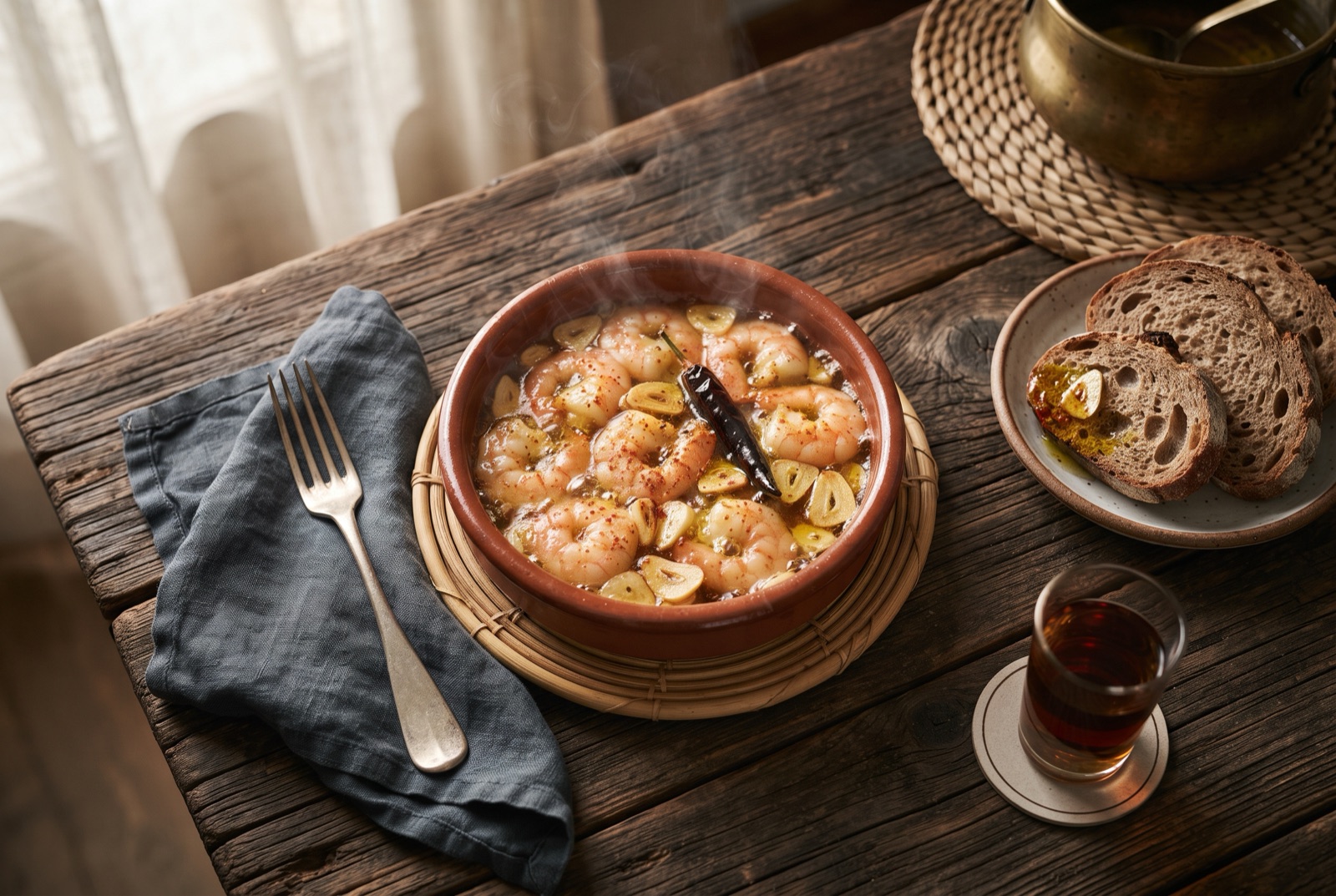Garlic shrimp sizzling in bubbling olive oil in an earthenware cazuela with sliced garlic and parsley