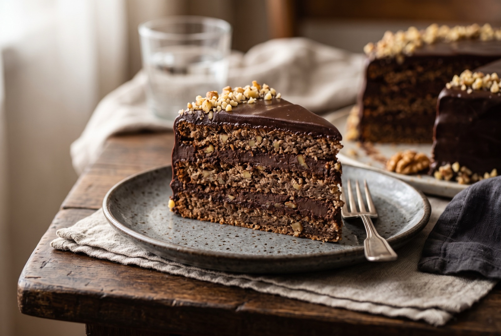 Slice of dark Bulgarian Garash cake showing thin walnut meringue layers and chocolate cream under a glossy glaze