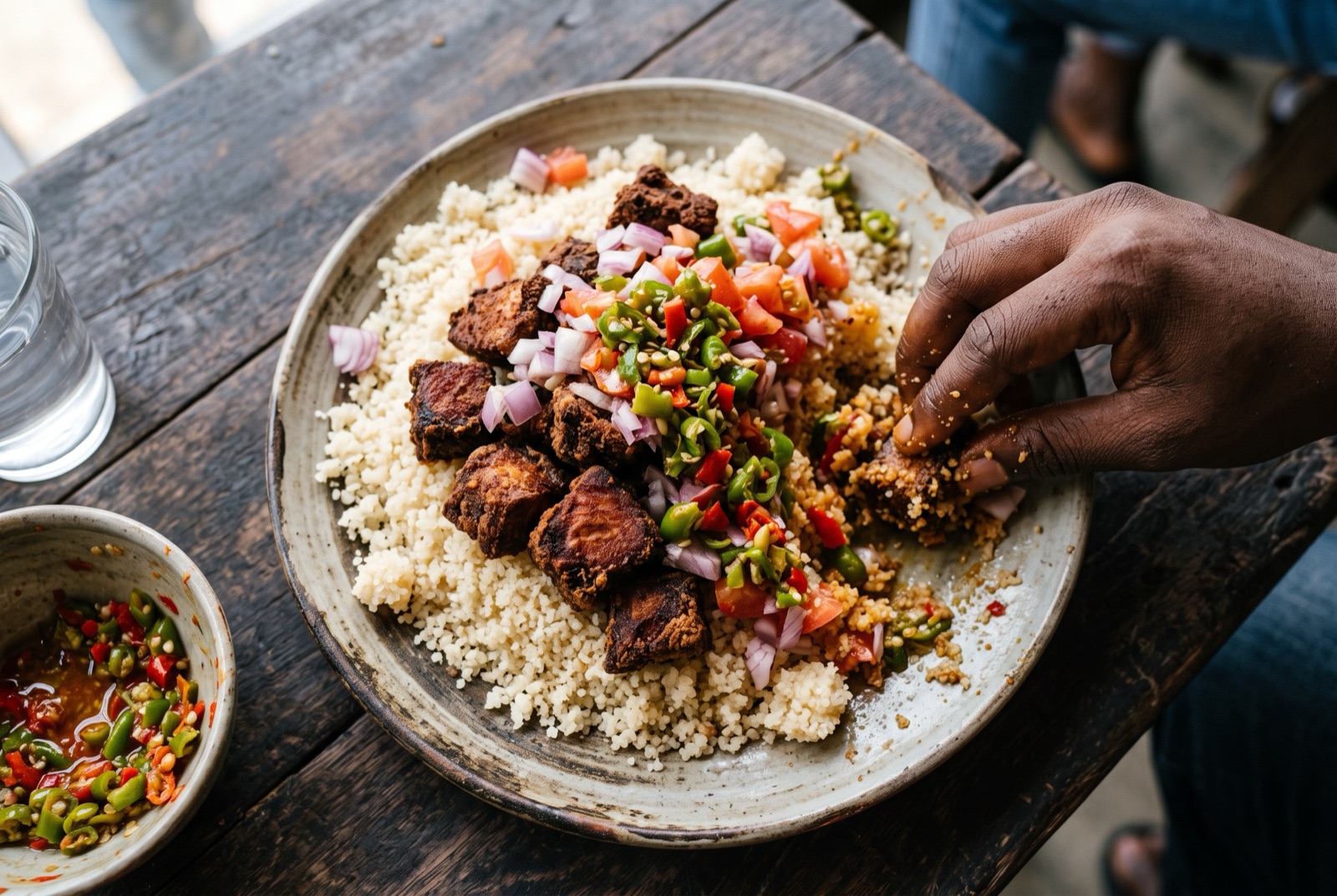 Browned cubes of fried tuna piled on pale attiéké with sliced onion, tomato wedges and ground chilli