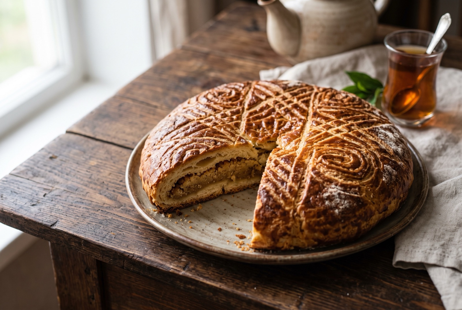 A round Armenian gata pastry scored in a lattice pattern, one wedge cut to show the crumbly khoriz filling