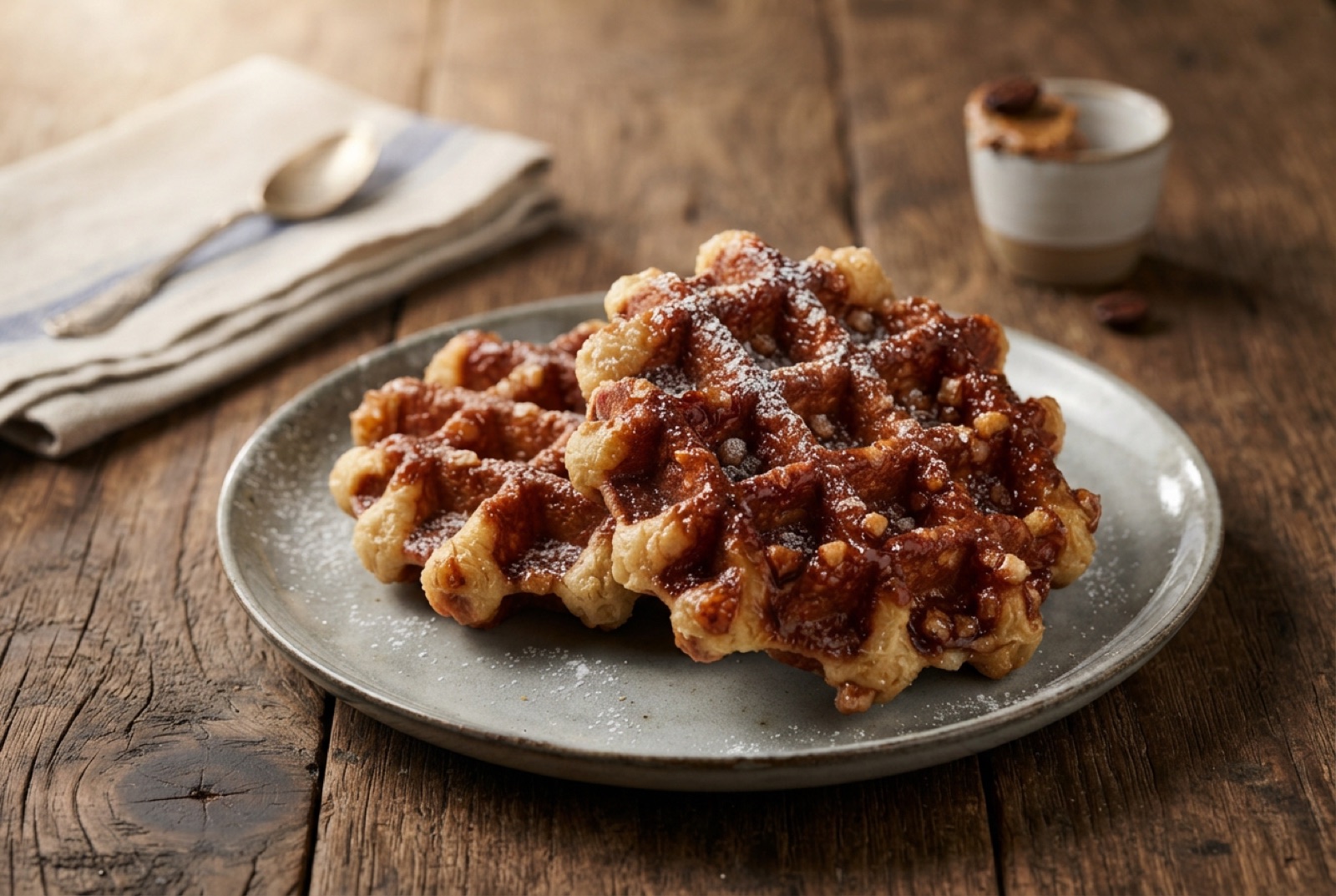Irregular Liege waffles with dark caramelised pearl sugar crust cooling on a wire rack