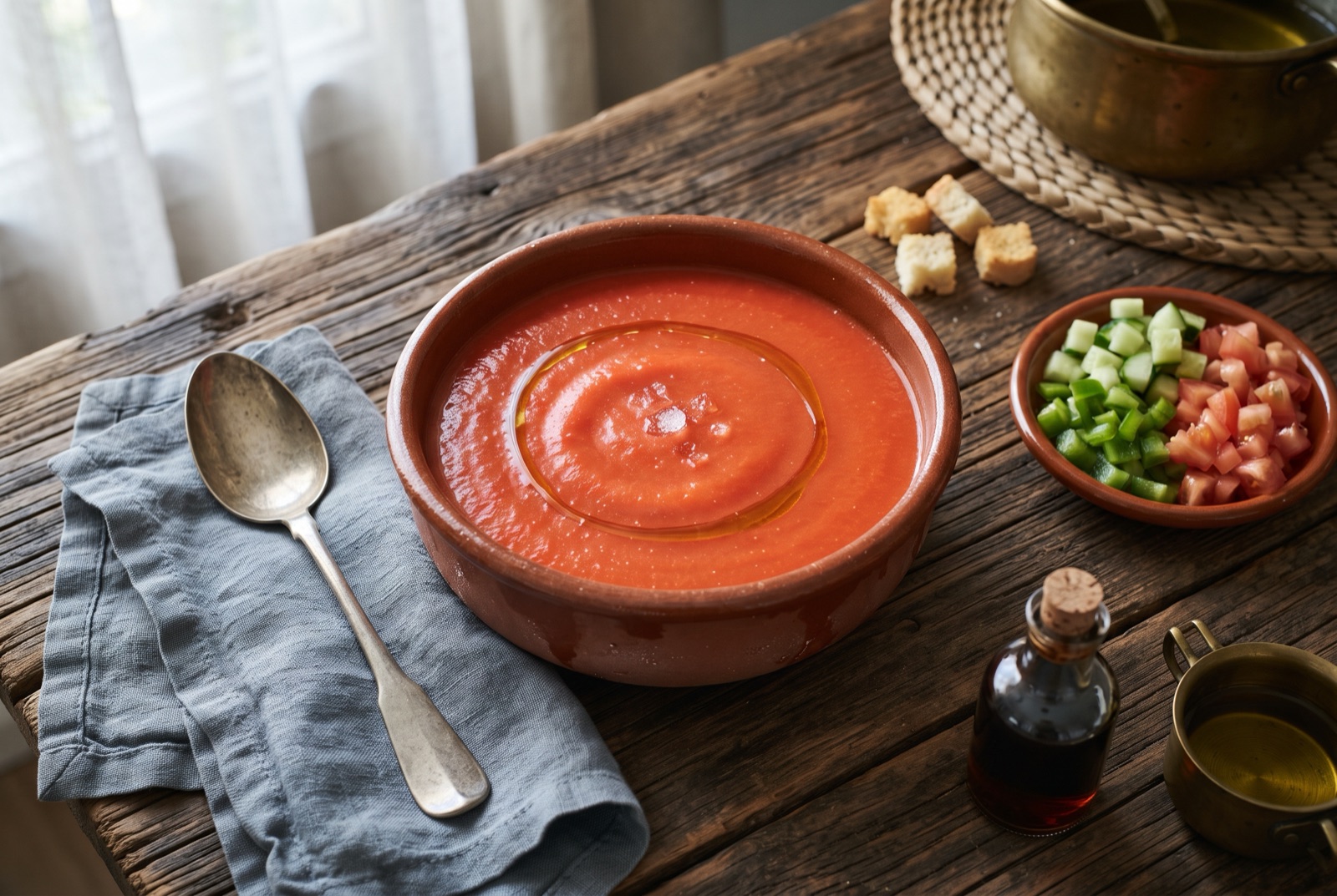 Glass of chilled coral-pink gazpacho topped with diced cucumber and green pepper, olive oil drizzled on top