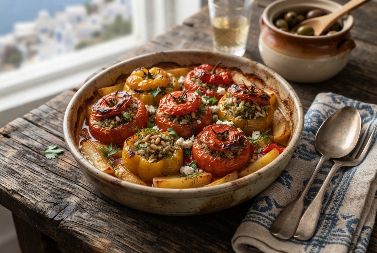 A roasting tray of Greek gemista, stuffed tomatoes and peppers with blistered tops packed around potato wedges