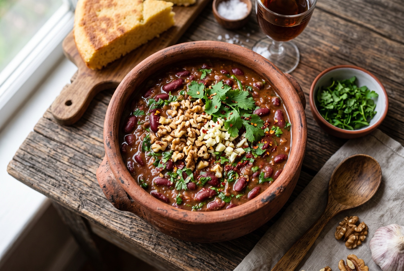 A clay pot of thick Georgian red bean stew topped with chopped coriander, walnuts and pomegranate seeds