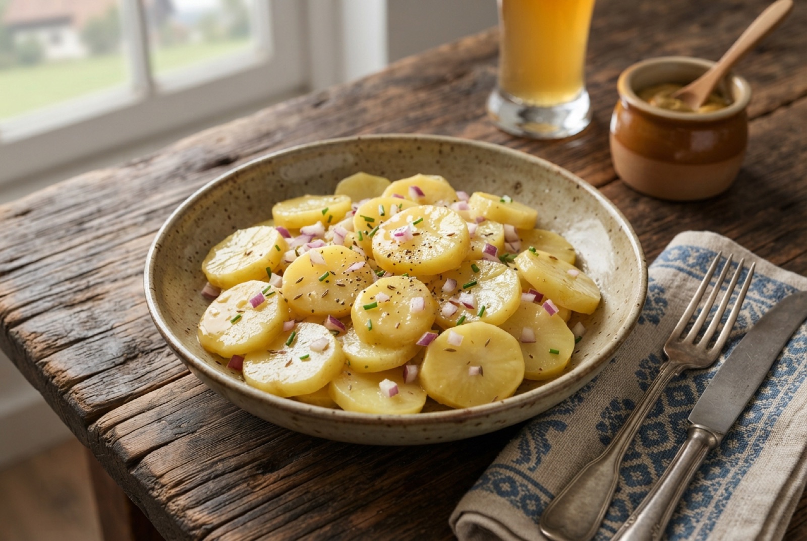 Bowl of warm Swabian potato salad with glossy sliced potatoes, diced onion and chives scattered on top