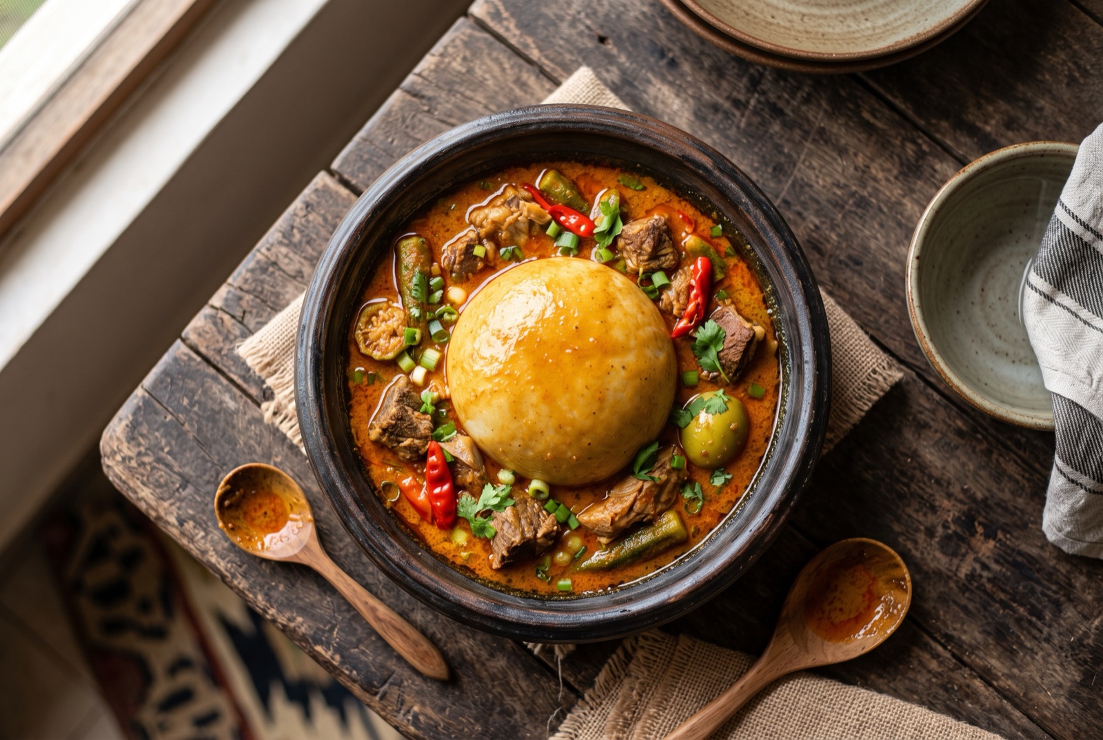 Smooth pale ball of Ghanaian fufu sitting in a bowl of soup with meat resting on top
