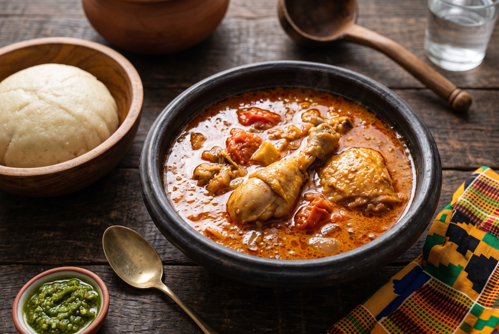 Thick orange-brown Ghanaian groundnut soup with chicken on the bone and a film of oil on the surface