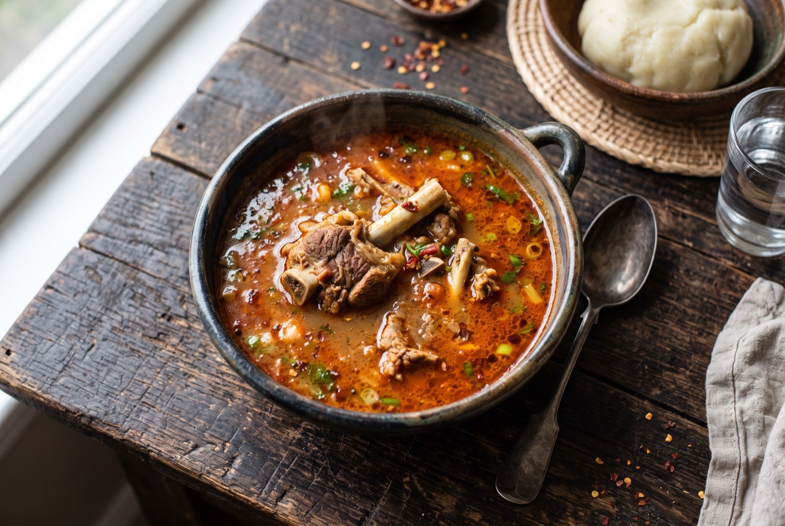 Bowl of clear orange-red Ghanaian light soup with goat on the bone and a ball of fufu half submerged
