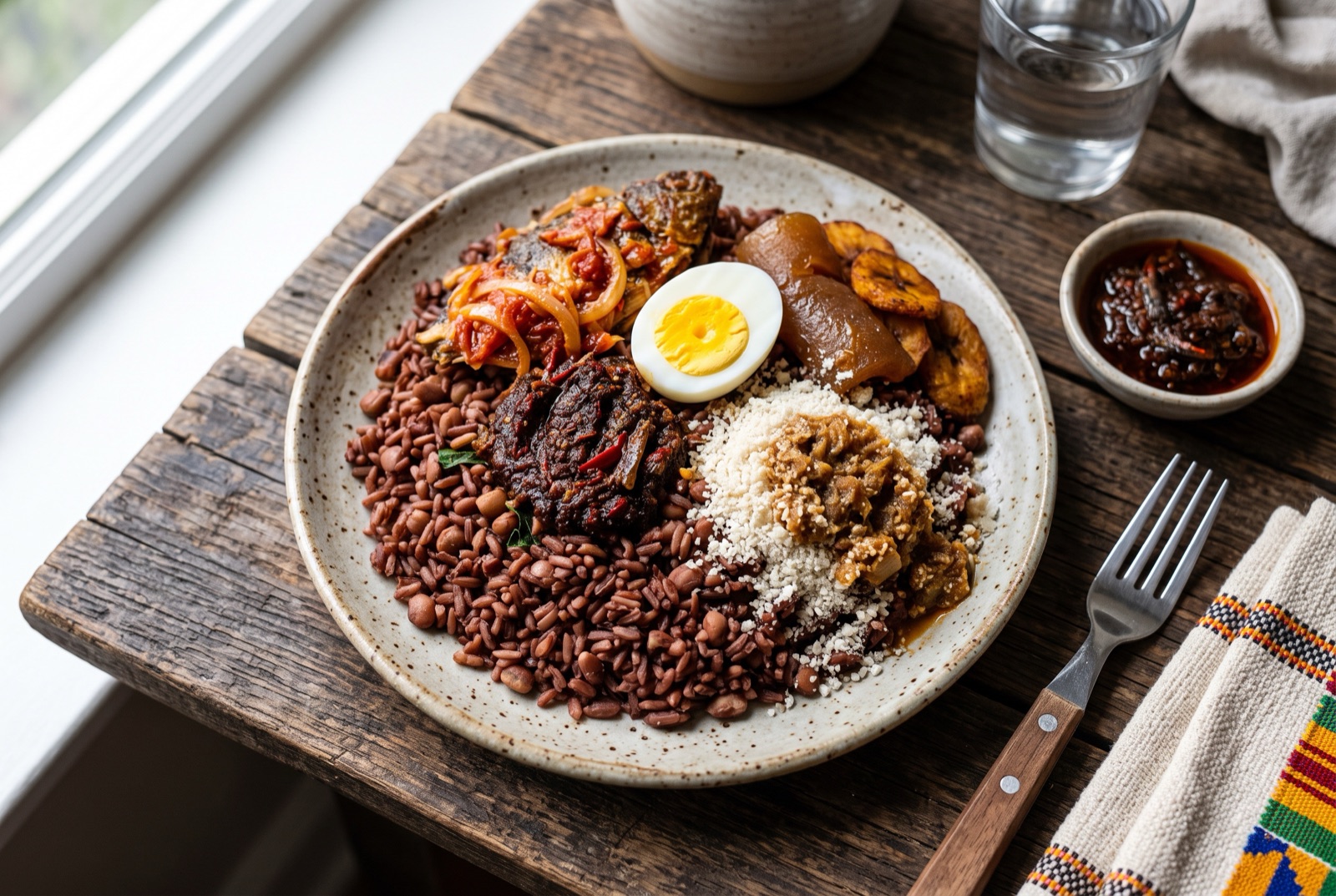 Plate of red-brown Ghanaian waakye rice and beans topped with gari, a halved boiled egg and dark shito sauce