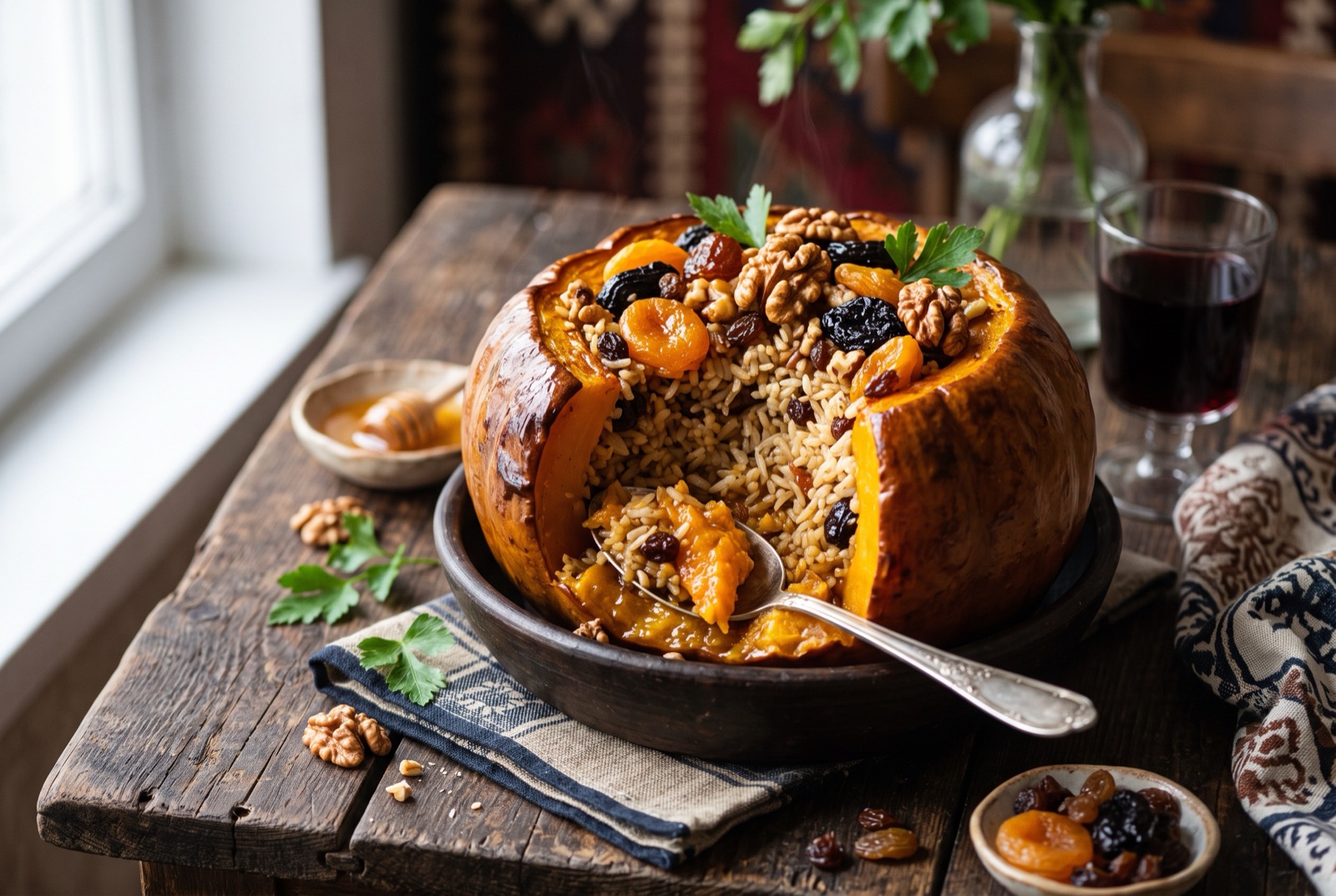 A whole baked Armenian ghapama pumpkin with its lid lifted, showing rice studded with apricots, prunes and walnuts