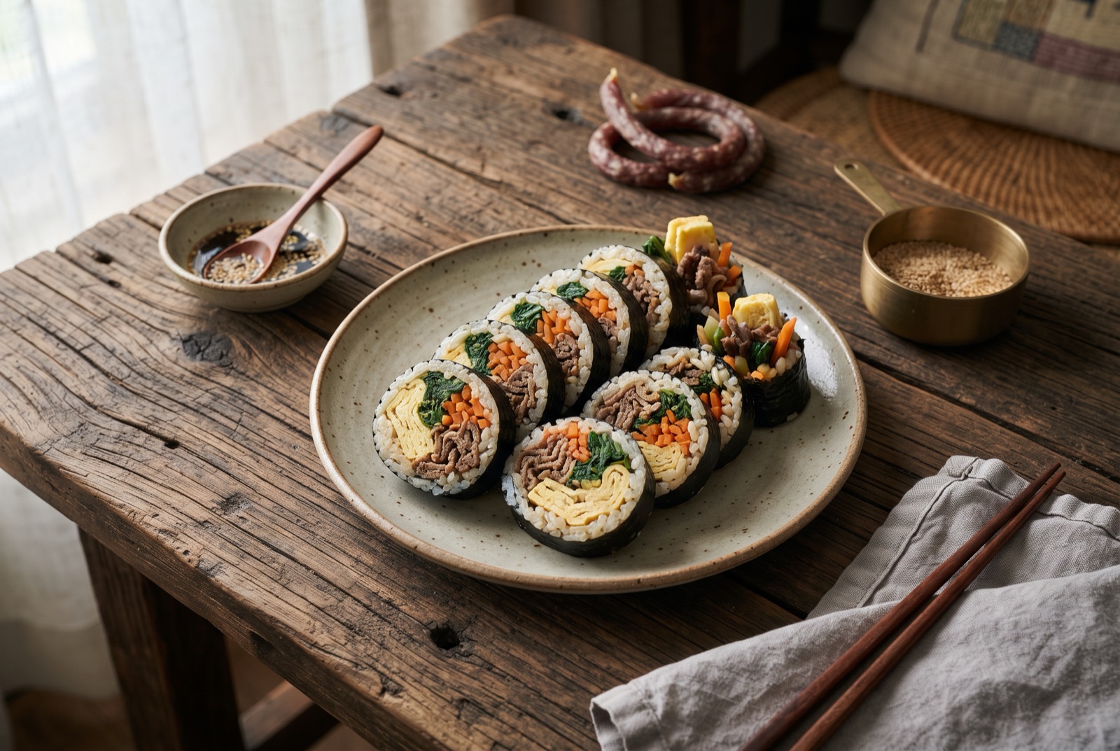 Sliced Korean gimbap rounds showing egg, spinach, carrot, yellow radish and beef inside a seaweed and rice ring