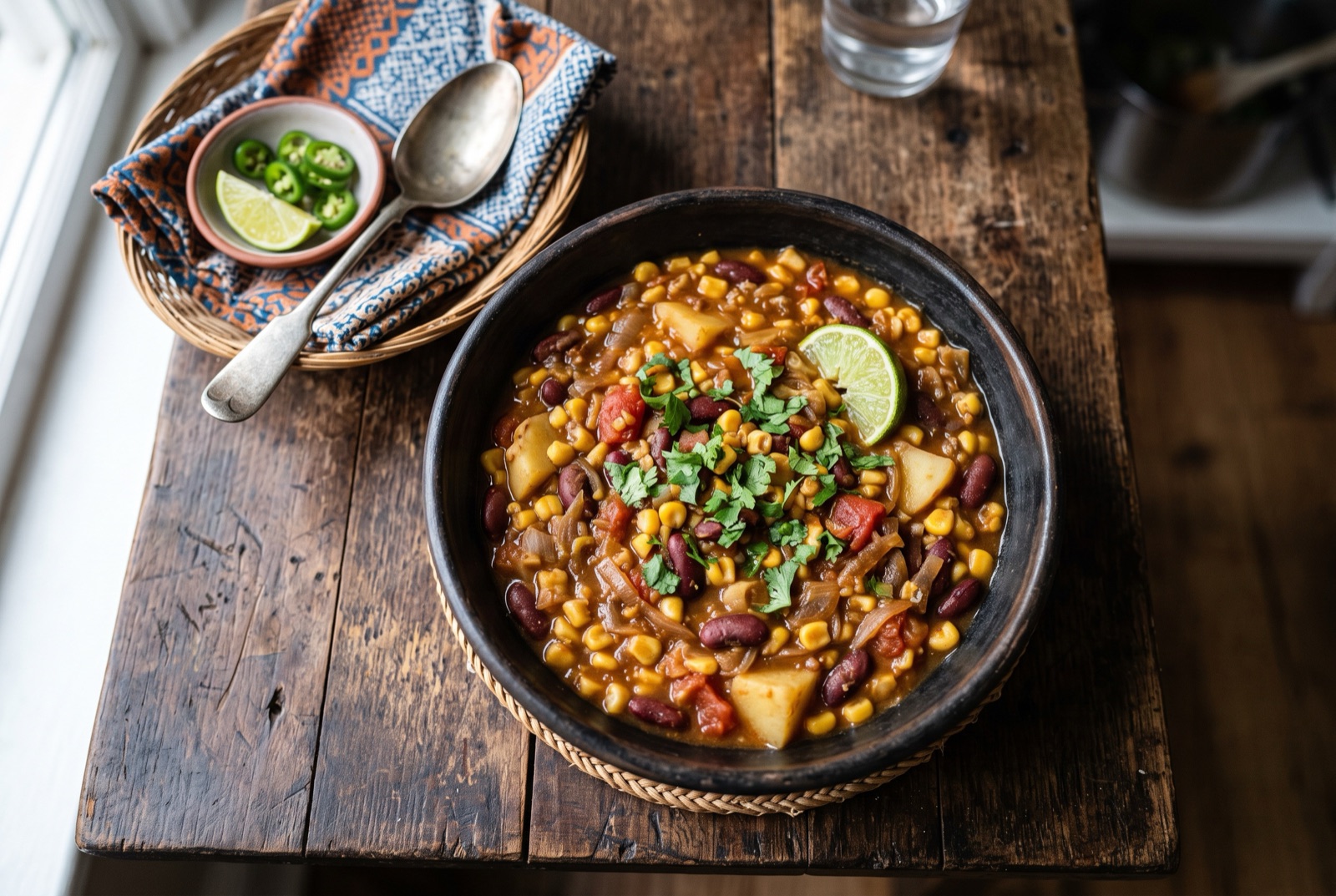 Bowl of githeri with maize kernels, red beans and potato chunks in a thick tomato base, topped with coriander