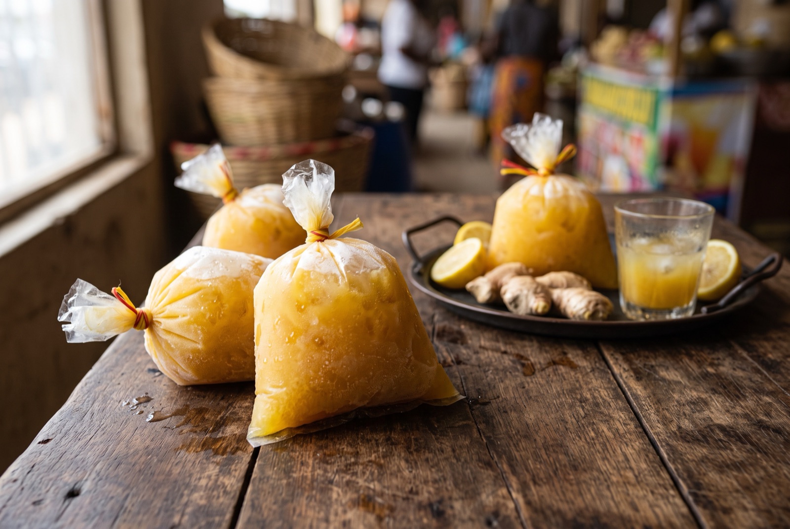 A tall glass of cloudy pale yellow ginger juice over ice with pineapple and fresh ginger root beside it