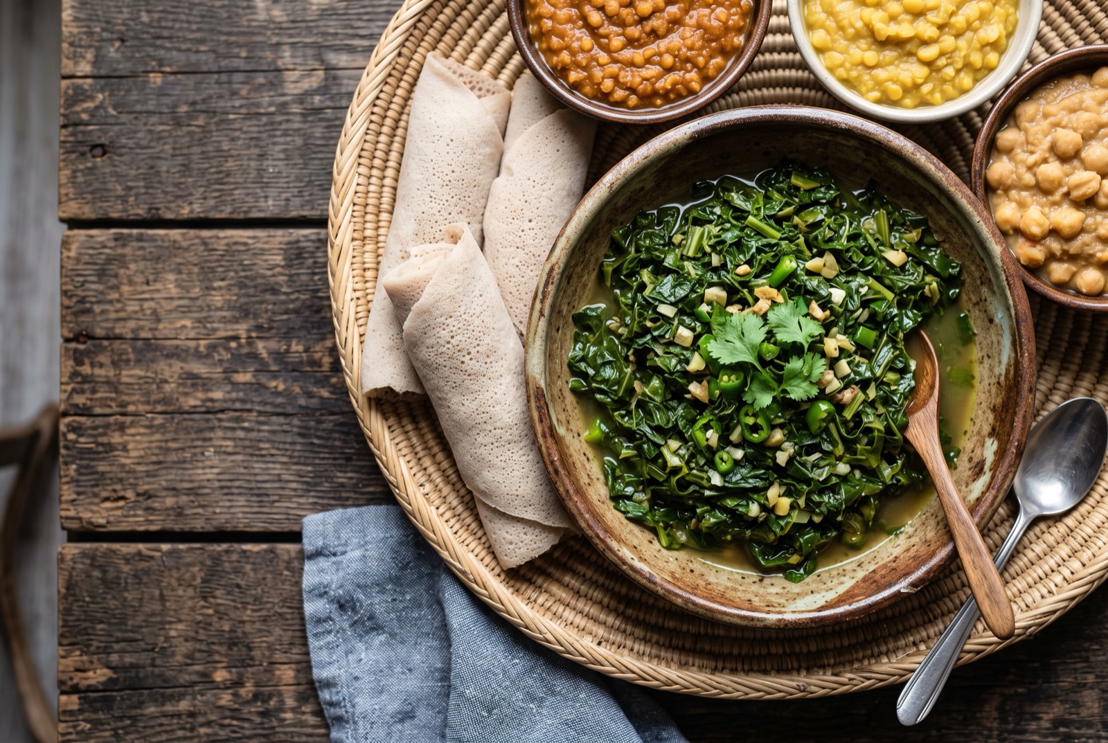 Dark braised collard greens glossy with oil, piled in a shallow bowl with a whole green chilli on top