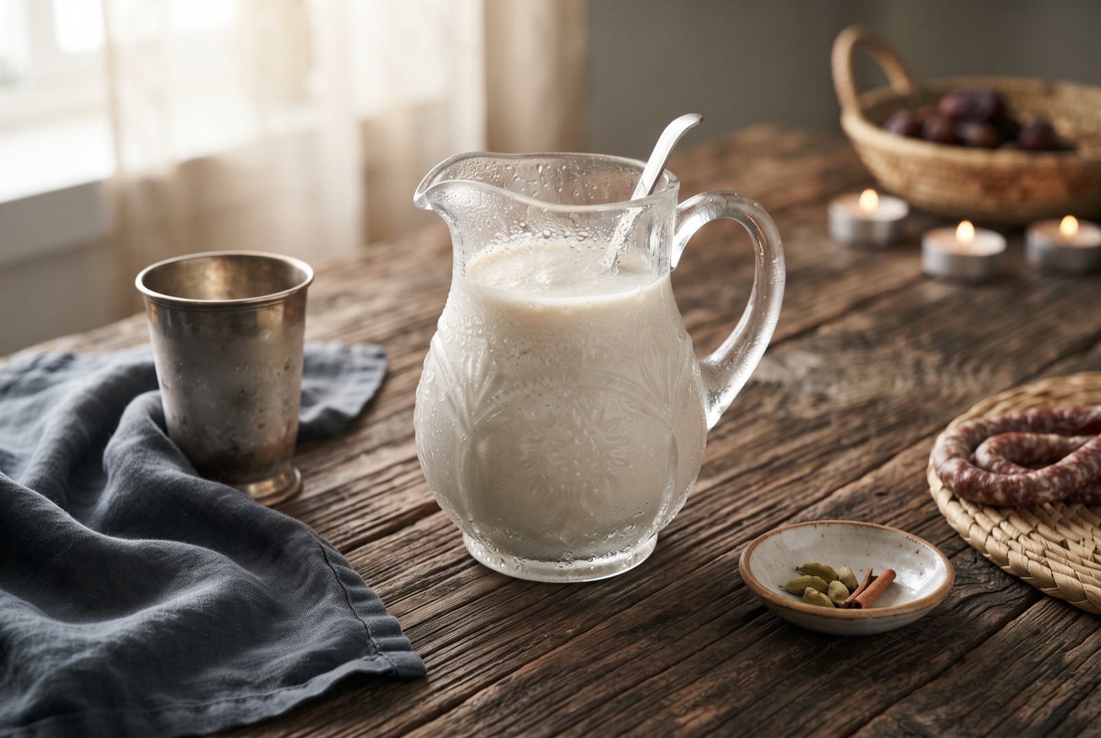 Tall glass of cloudy white baobab drink over ice, with a cracked baobab pod and pale pulp beside it