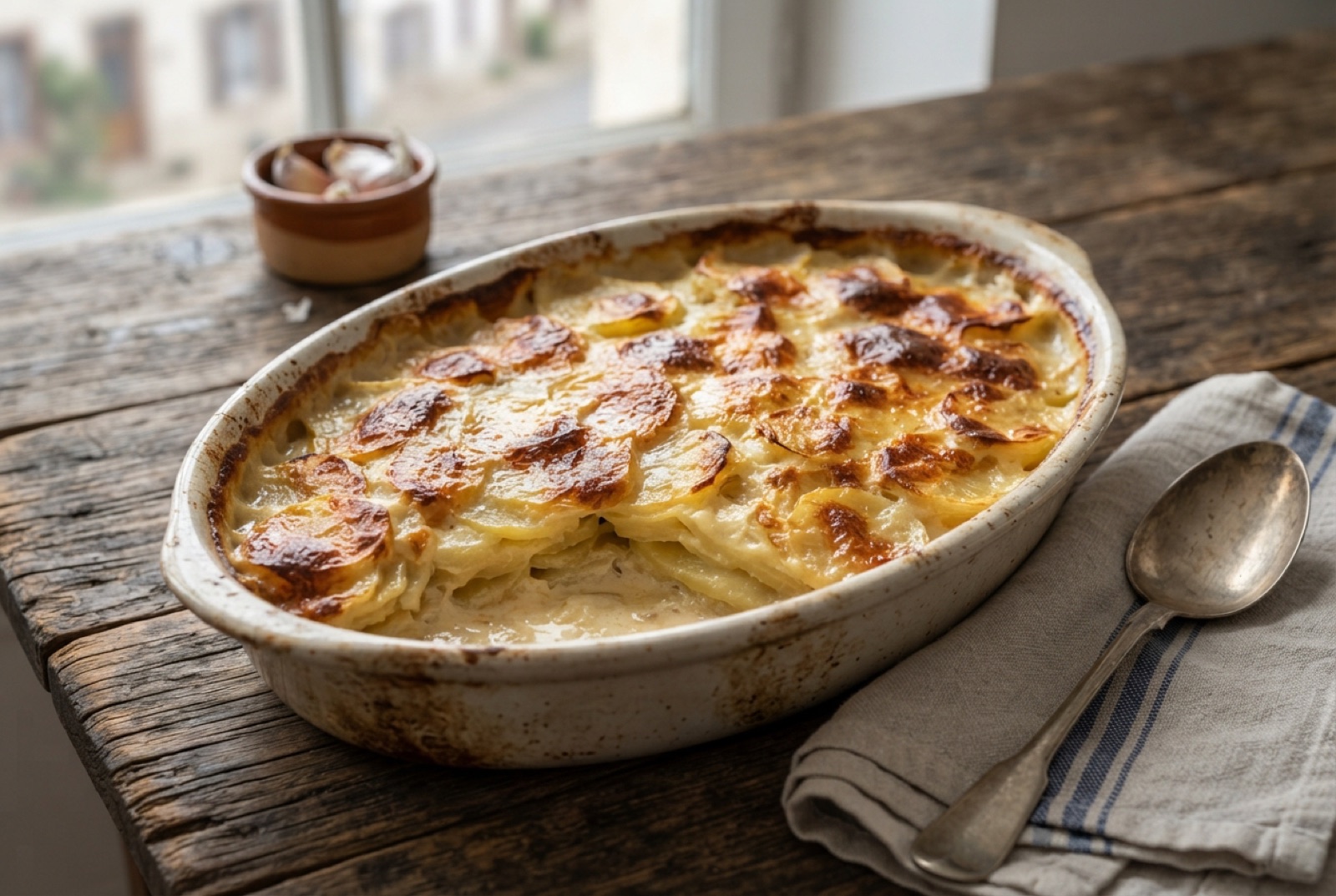 Baking dish of gratin dauphinois with browned bubbling top and a portion lifted to show thin creamy potato layers
