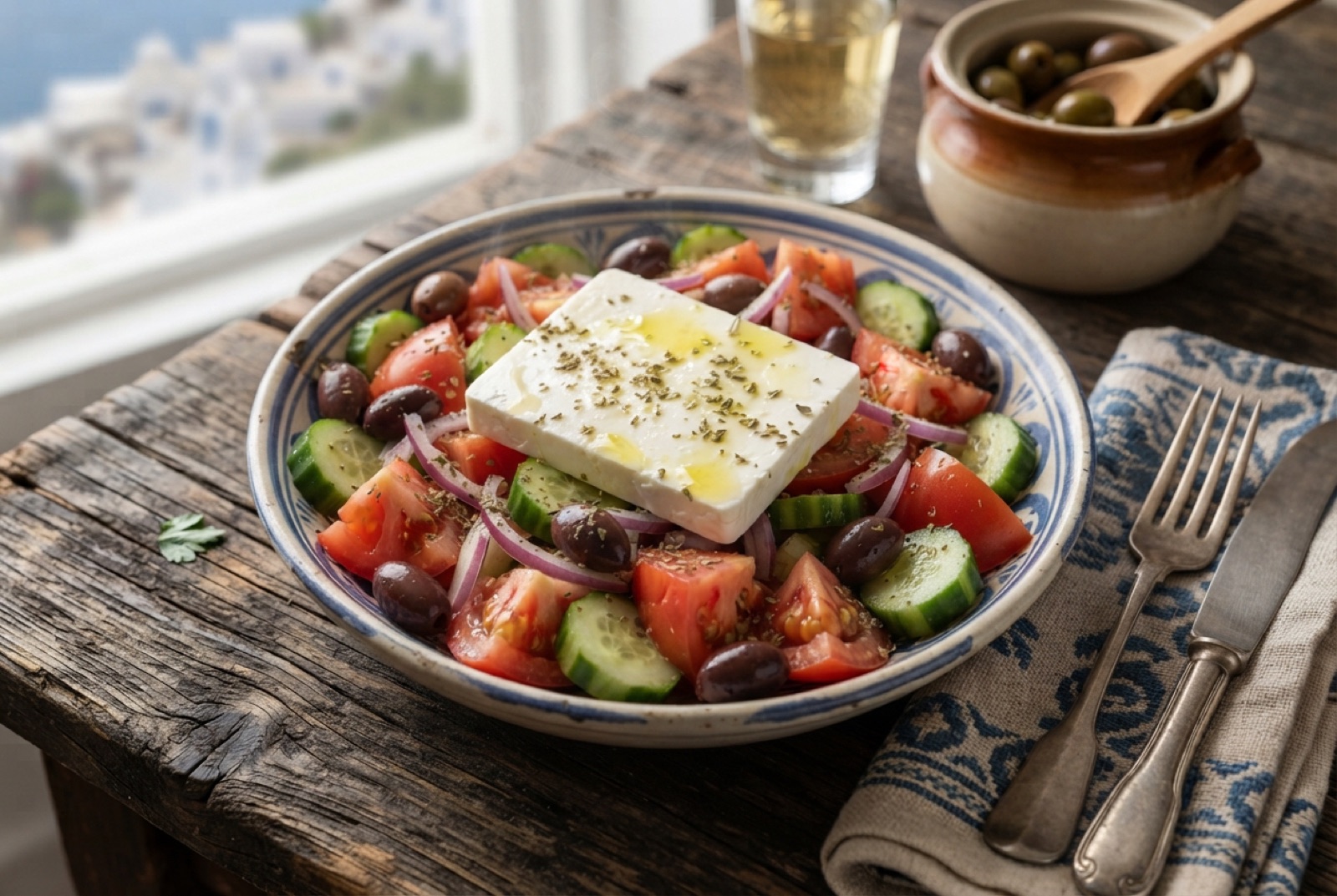 A horiatiki Greek village salad of tomato, cucumber, olives and onion topped with a whole slab of feta