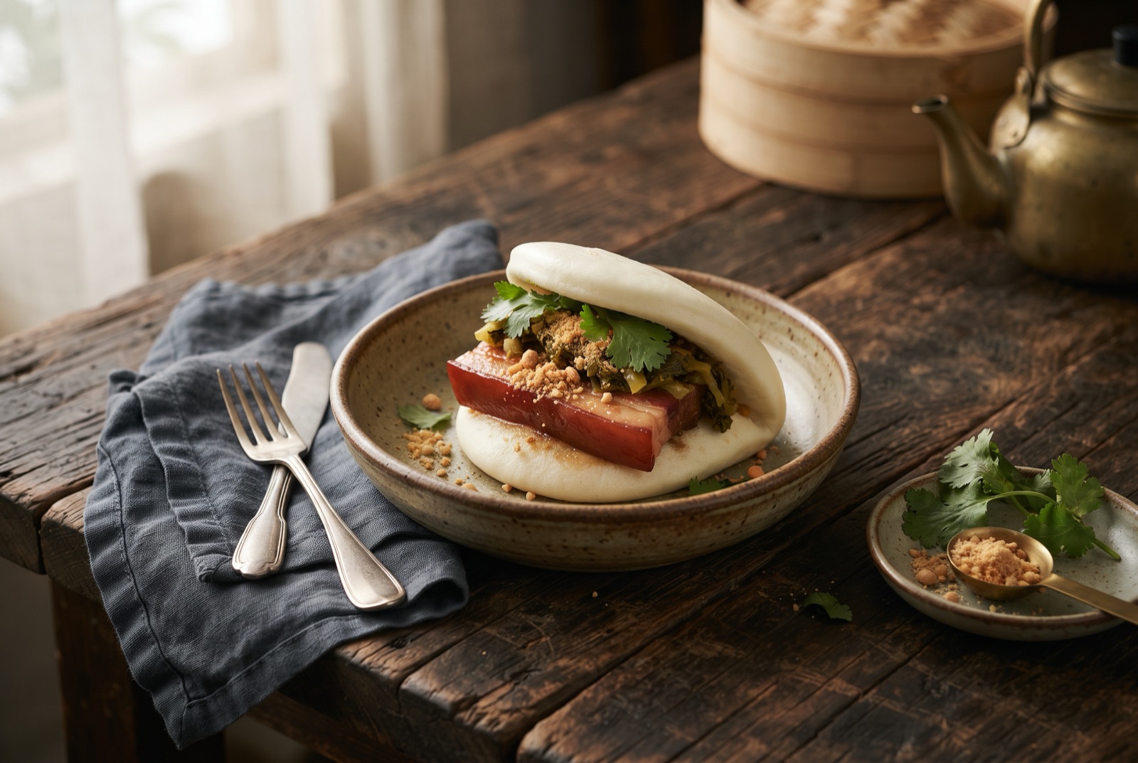 Two folded Taiwanese gua bao buns filled with glossy braised pork belly, pickled mustard greens, crushed peanuts and coriander