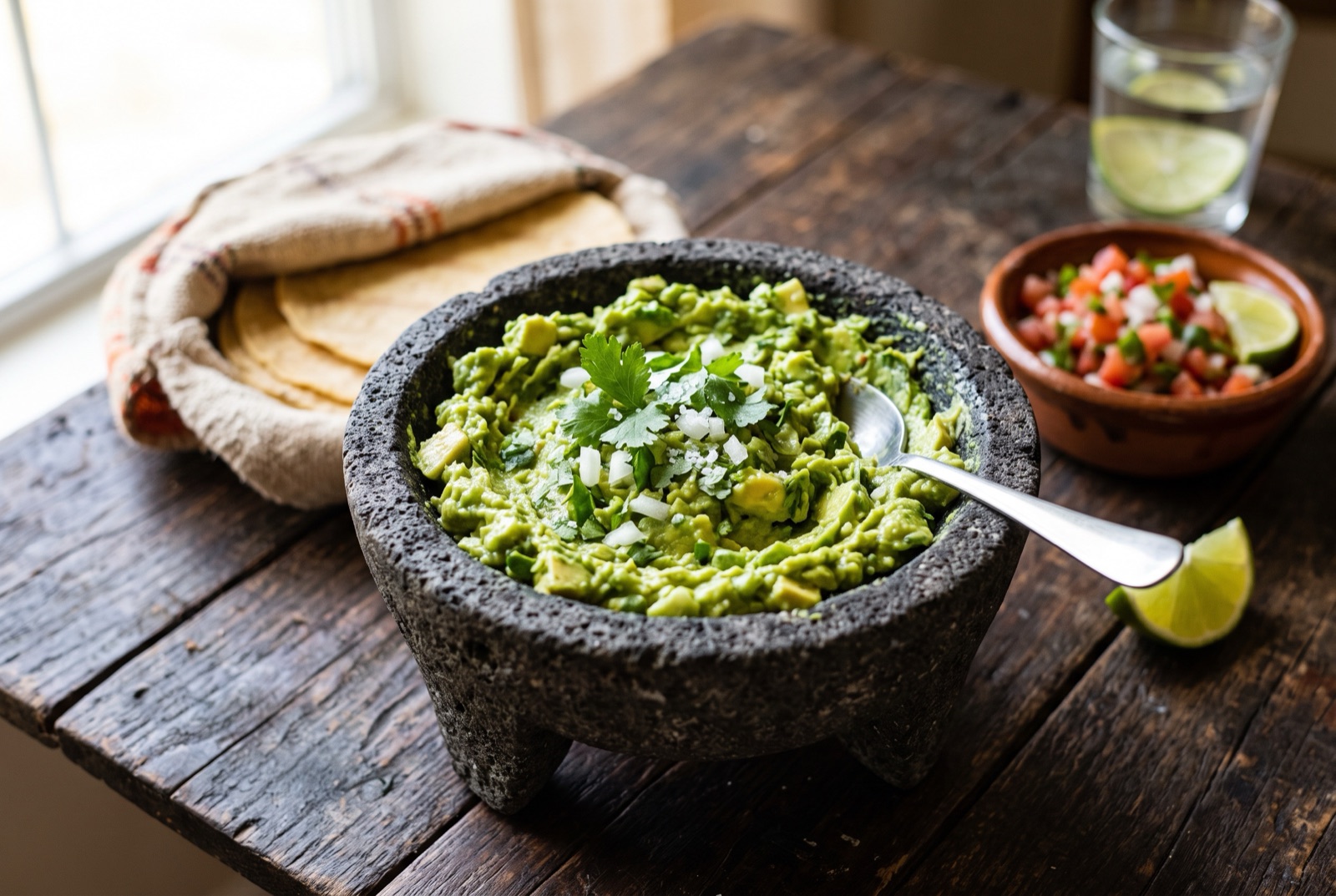 Chunky guacamole in a stone molcajete topped with cilantro and diced tomato, tortilla chips alongside
