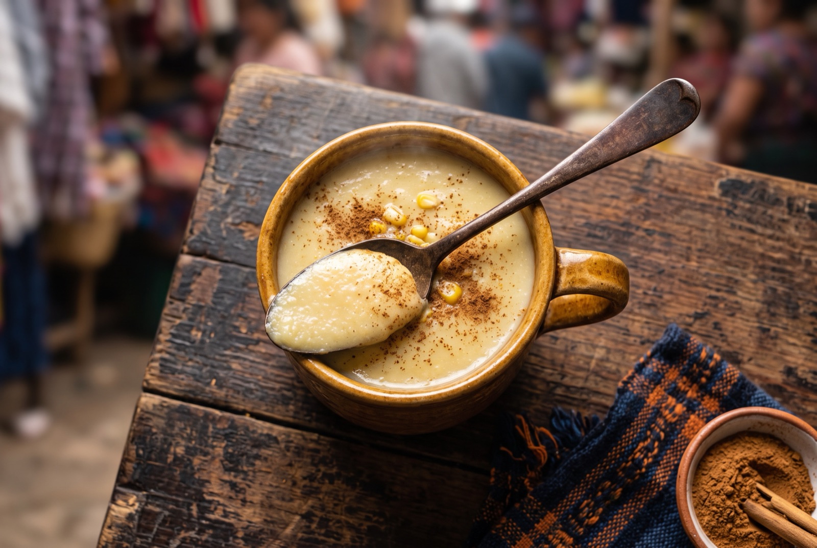 Mug of Guatemalan atol de elote — a thick pale yellow sweet corn drink dusted with cinnamon, with corn cobs beside it
