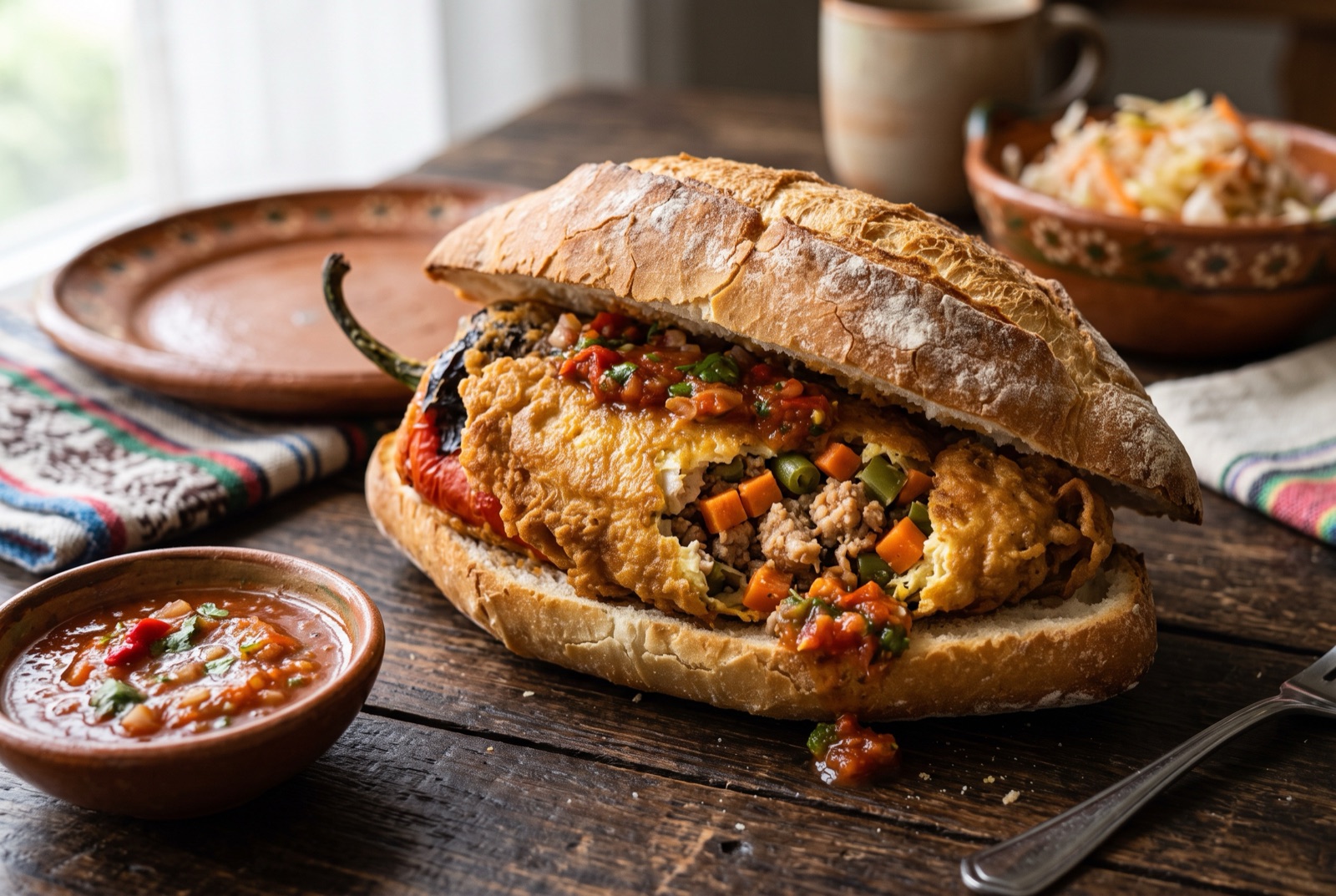 Guatemalan chiles rellenos — golden egg-battered stuffed peppers on a plate with tomato sauce and a bread roll