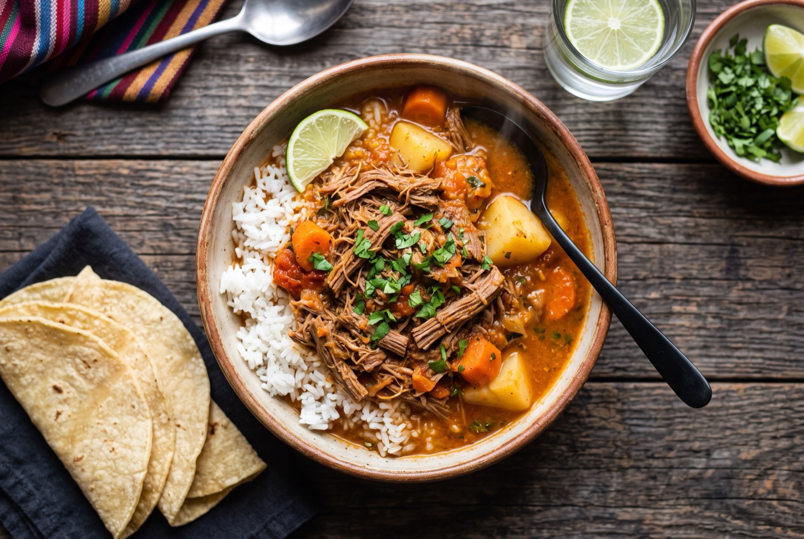 Guatemalan hilachas — shredded beef threads with potato and carrot in a loose red tomato sauce served over white rice