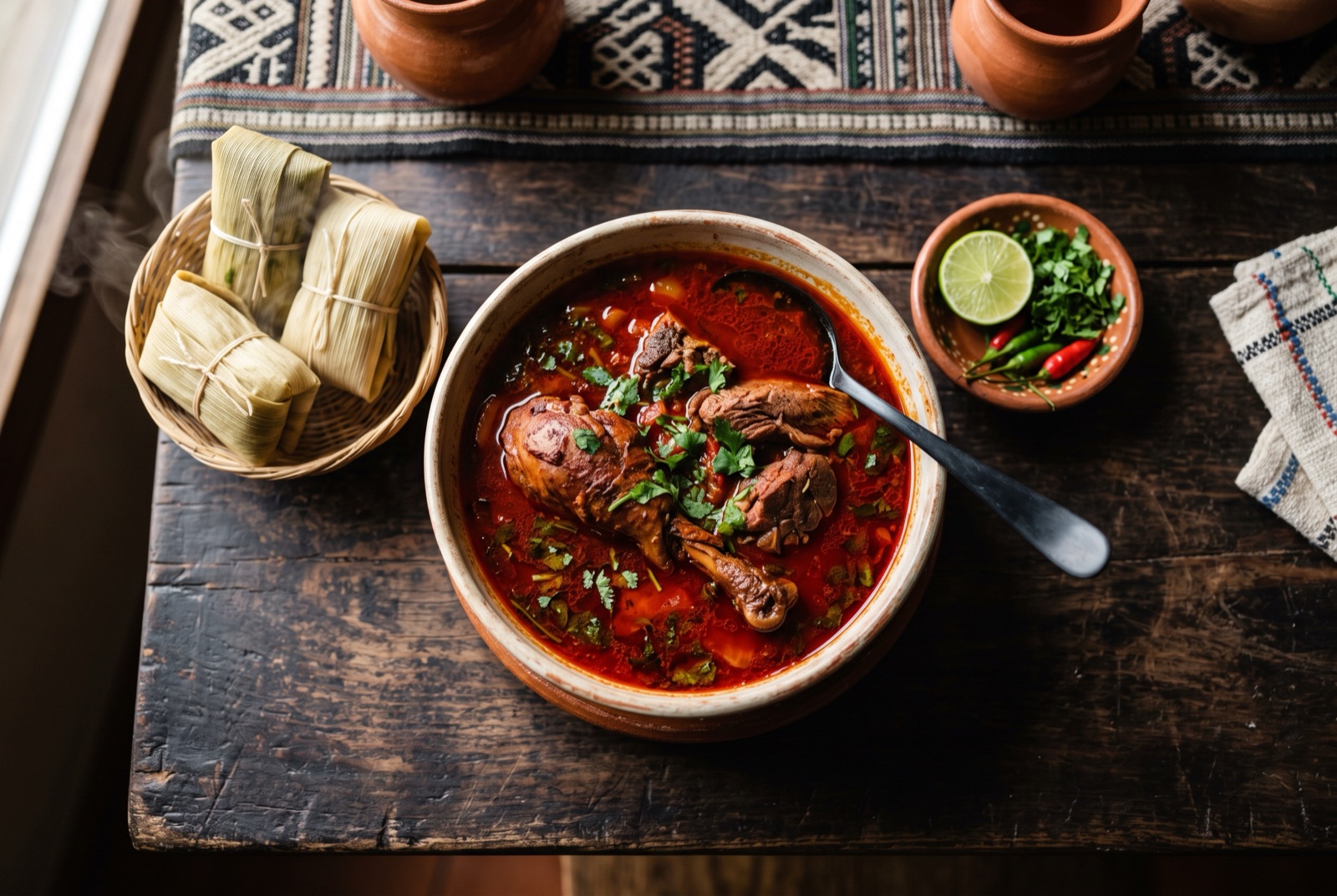 Deep bowl of kaq ik — a scarlet Guatemalan turkey soup with herbs, a turkey leg standing in the broth and corn tamalitos beside it