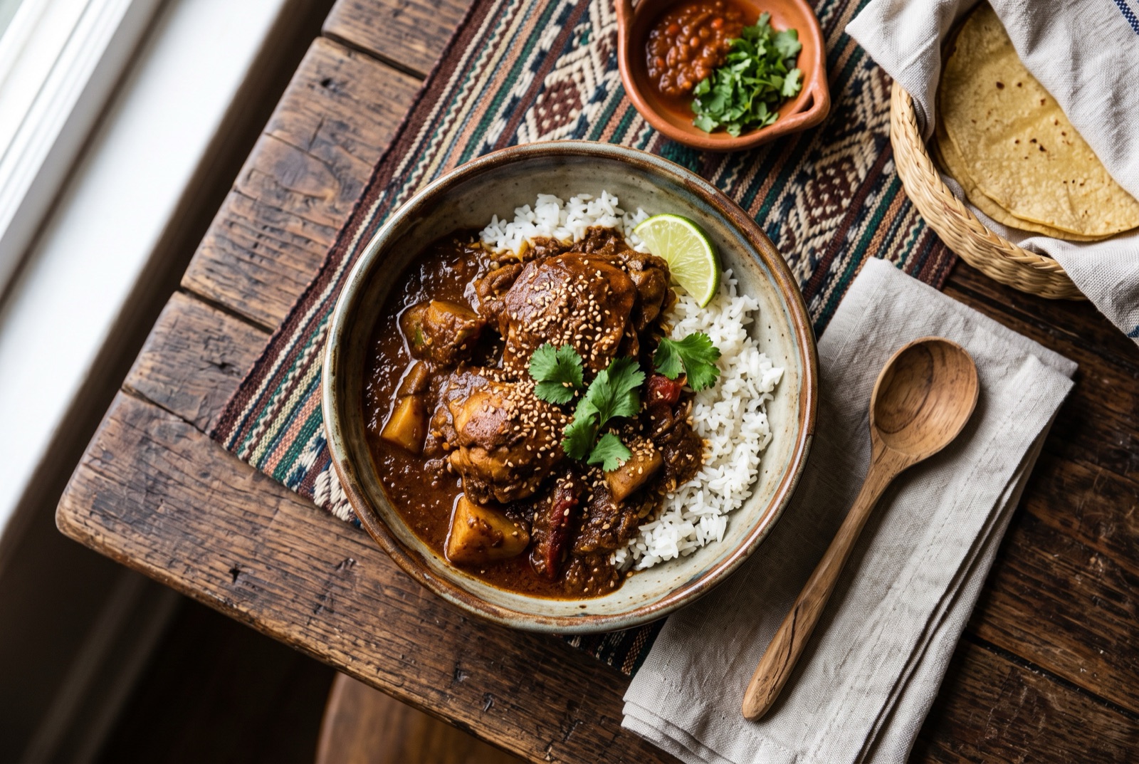 Bowl of Guatemalan pepián — chicken and potato in a thick dark brown seed sauce, with white rice and tortillas alongside