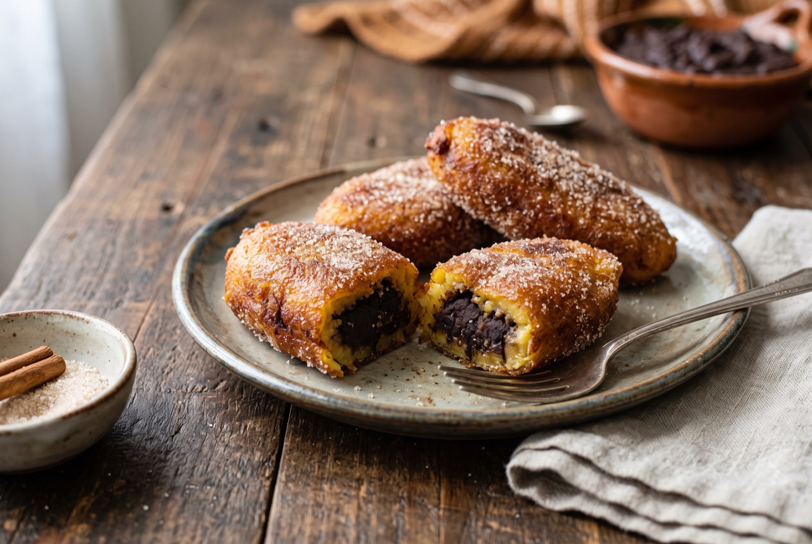 Guatemalan rellenitos de plátano — fried plantain croquettes dusted with sugar, one split to show the dark sweet bean filling