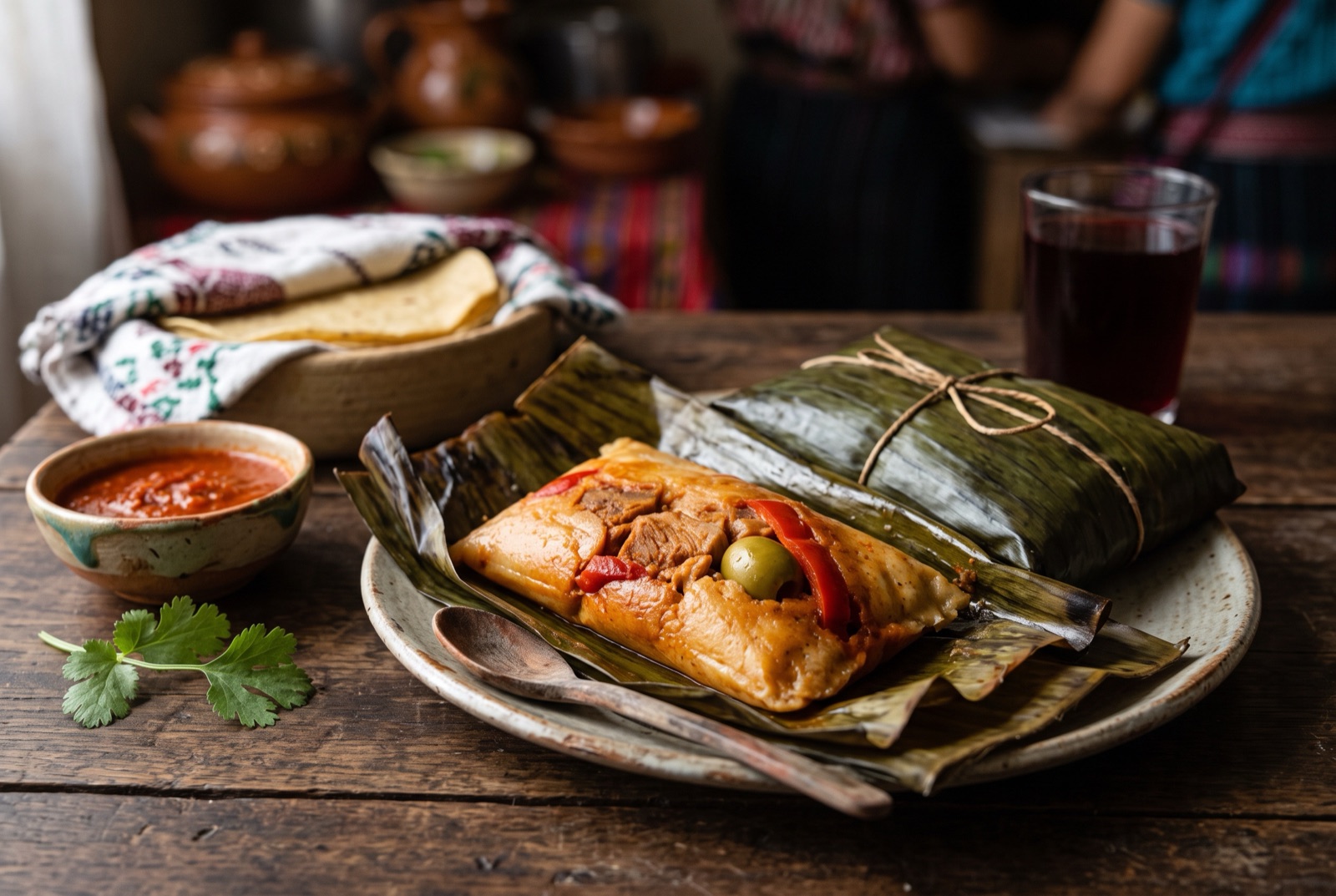 Guatemalan tamal colorado opened in its banana leaf, soft corn masa with pork, red recado sauce and a green olive