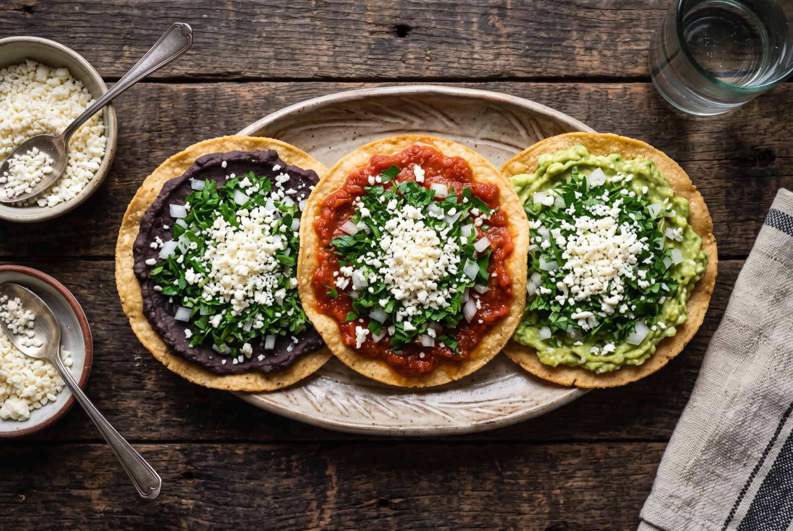 Three Guatemalan tostadas on a plate topped with black bean paste, red tomato sauce and green guacamol, dusted with parsley and white cheese