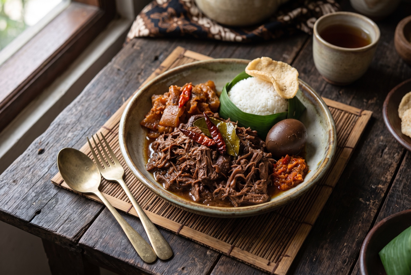 Mahogany-brown stewed jackfruit strands beside a browned hard-boiled egg and white rice on a banana leaf