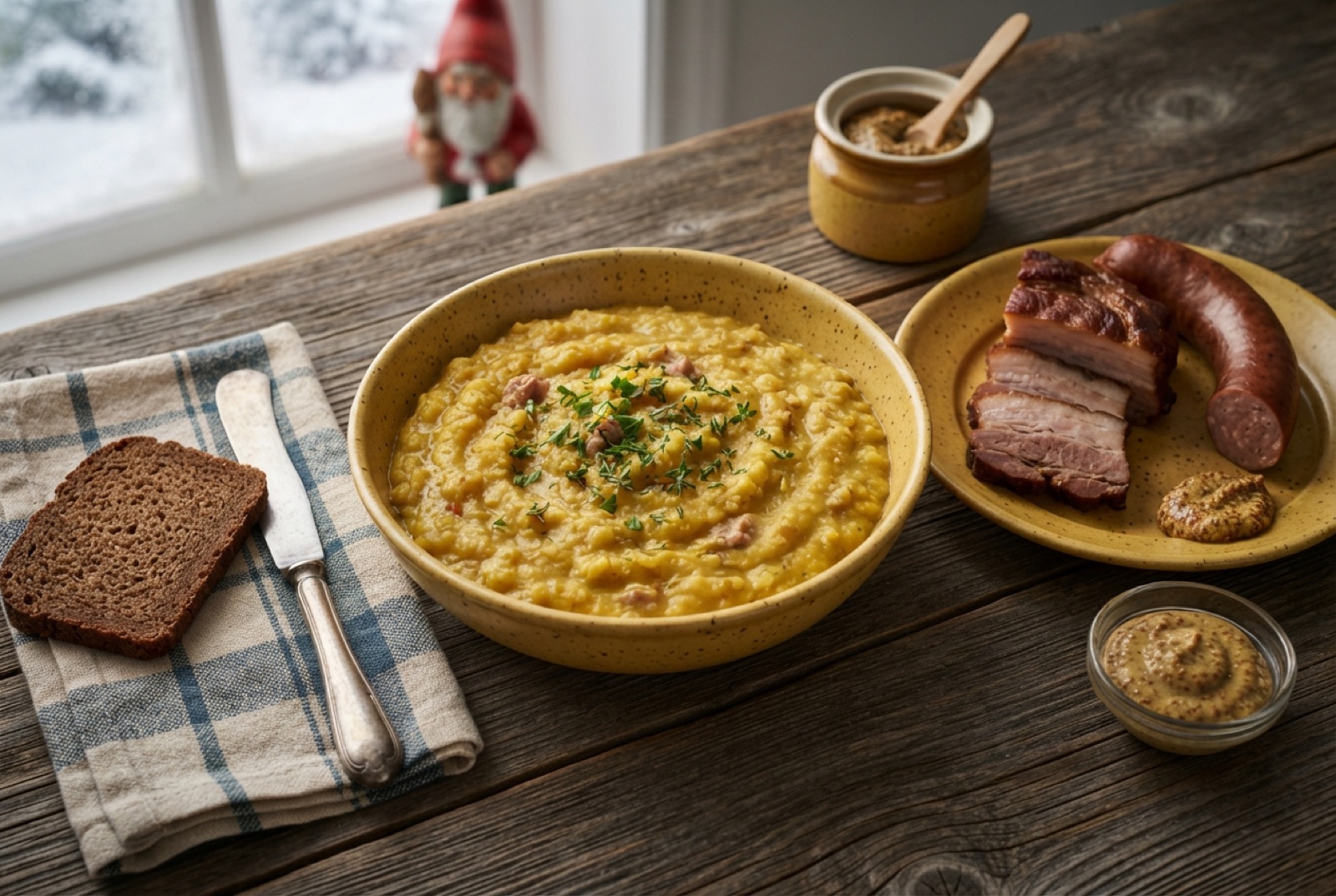 Thick yellow split pea soup in a deep bowl with sliced pork and sausage on a plate beside it