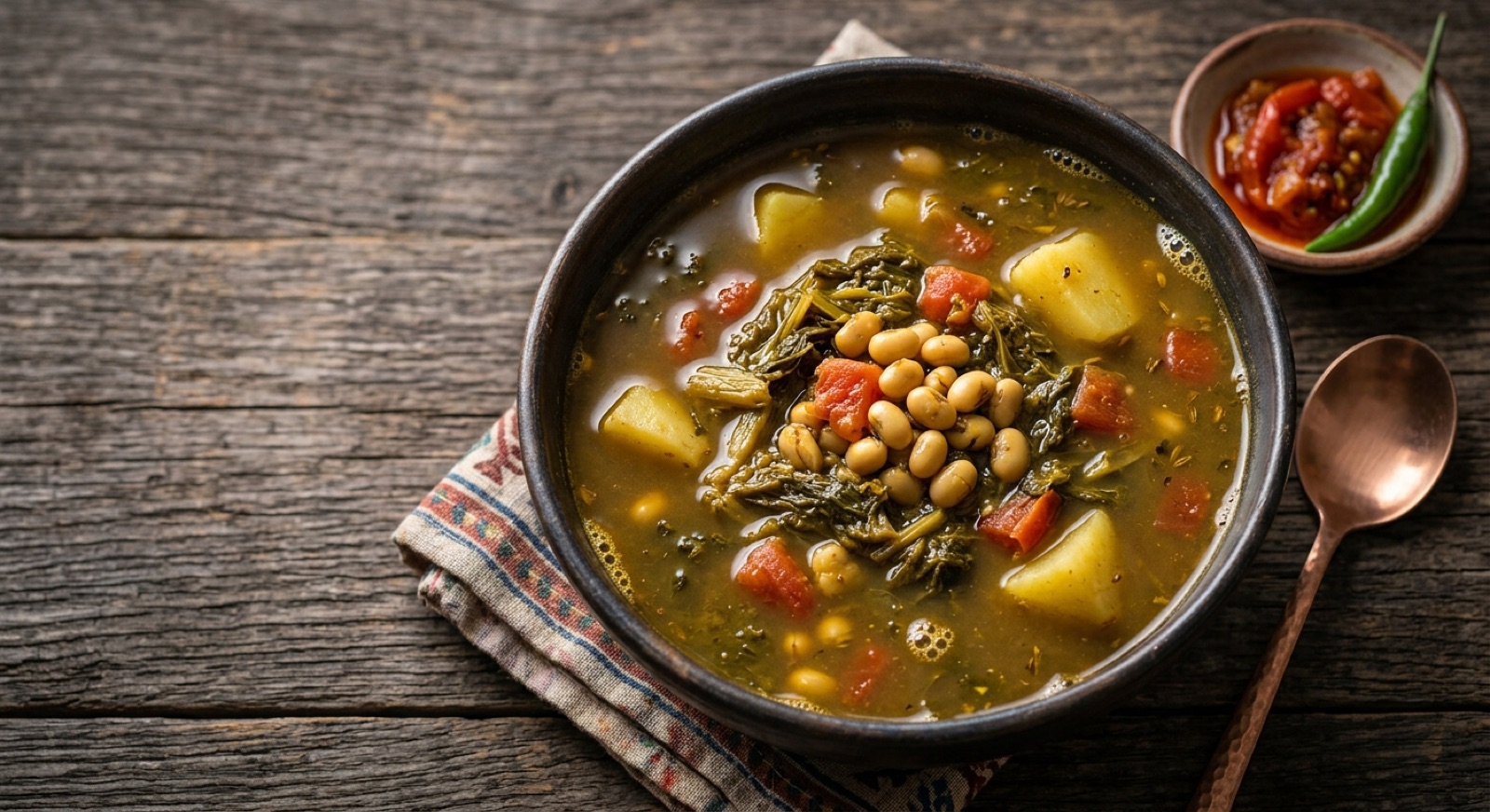Bowl of Nepali gundruk ko jhol, dark sour greens soup with potato cubes and soybeans in yellow broth